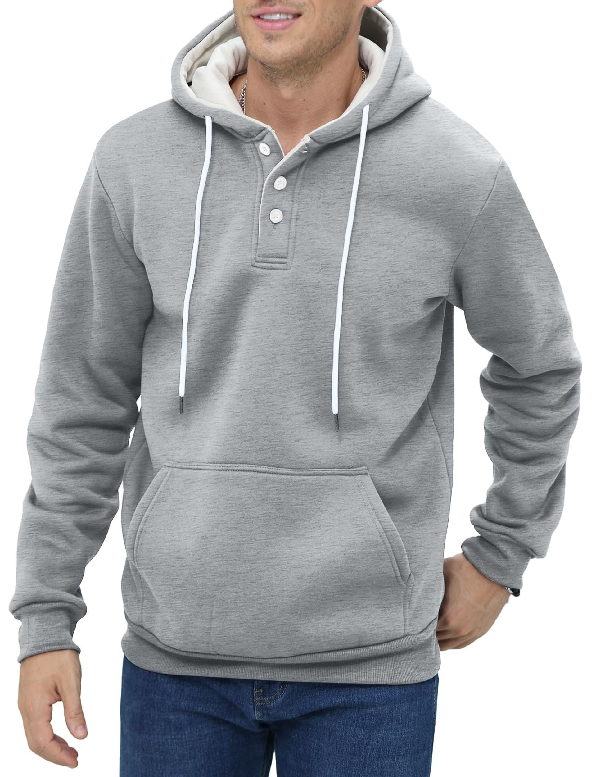 Men's Fleece Hoodie Pullover Sweatshirt Button Design with Kangaroo Pocket - Light Grey XL