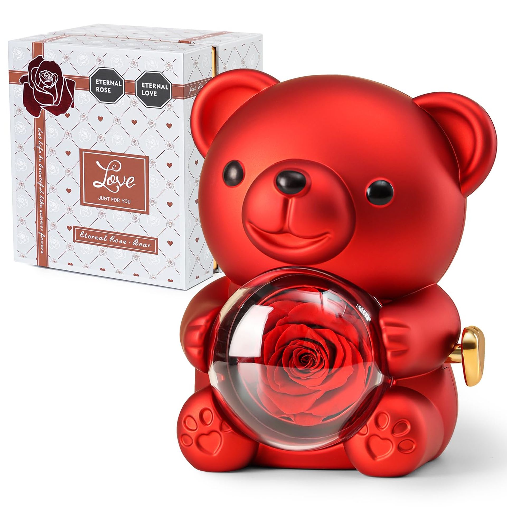 Teddy Bear Gift Set with Preserved Real Rose, Hidden Jewellery Box & Heart Necklace - Red Grey Box
