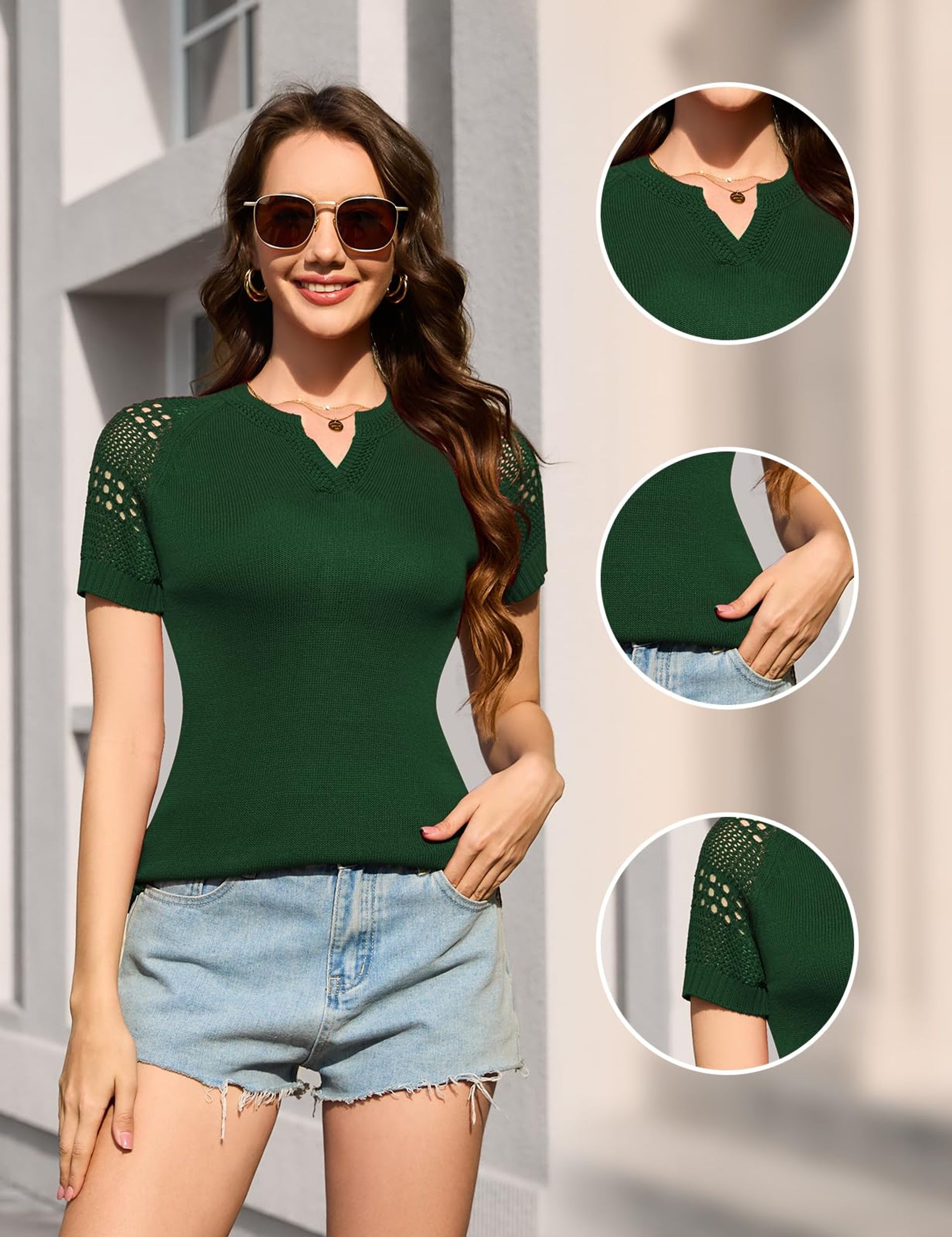 Trendy Women'S V Neck Short Sleeve Blouse - Dark Green, Size L