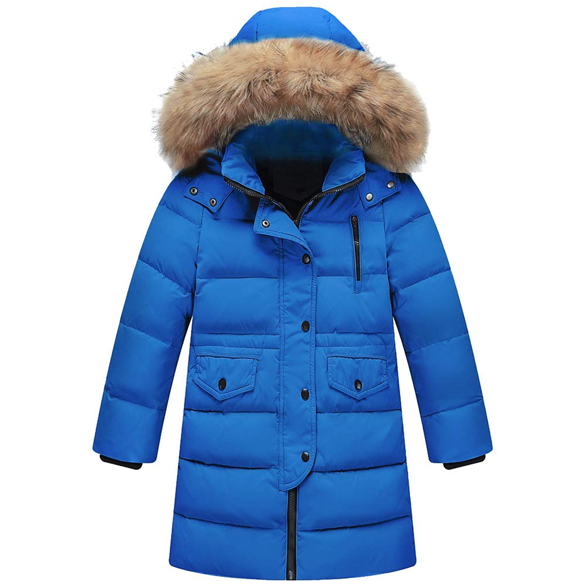 Girls Long Winter Puffer Jacket Thick Padded Coat with Faux Fur Hood - Royal Blue 10-11 Years