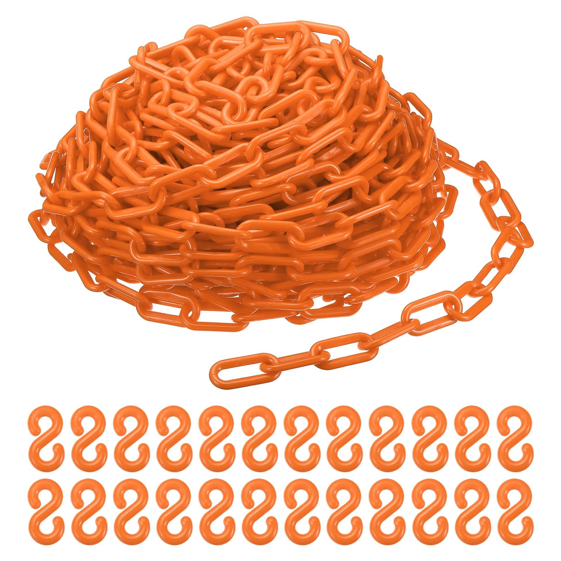 100ft Plastic Safety Barrier Chain with 24 Hooks - Orange Crowd Control for Events, Parking, Construction & Queues