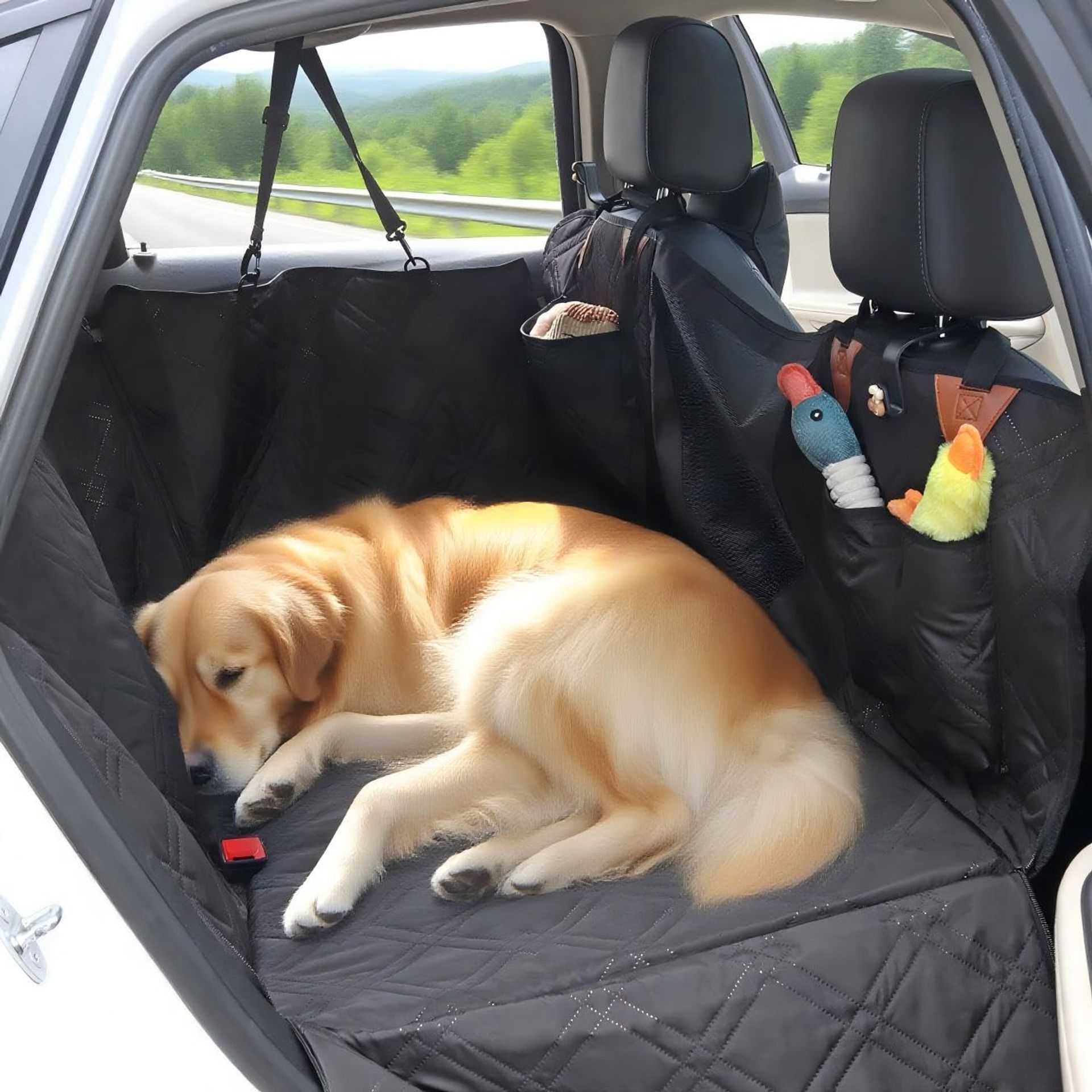 Dog Car Seat Cover Hammock | Waterproof Back Seat Protector with Mesh Window & Side Flaps | Fits SUVs, Trucks & Cars | Includes Seat Belt & Pockets