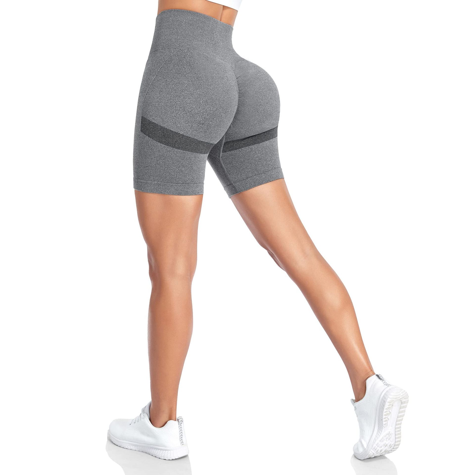 High Waisted Gym Shorts for Women, Seamless Cycling & Yoga, Butt Lifting, Grey, Size L - Bargain Deal
