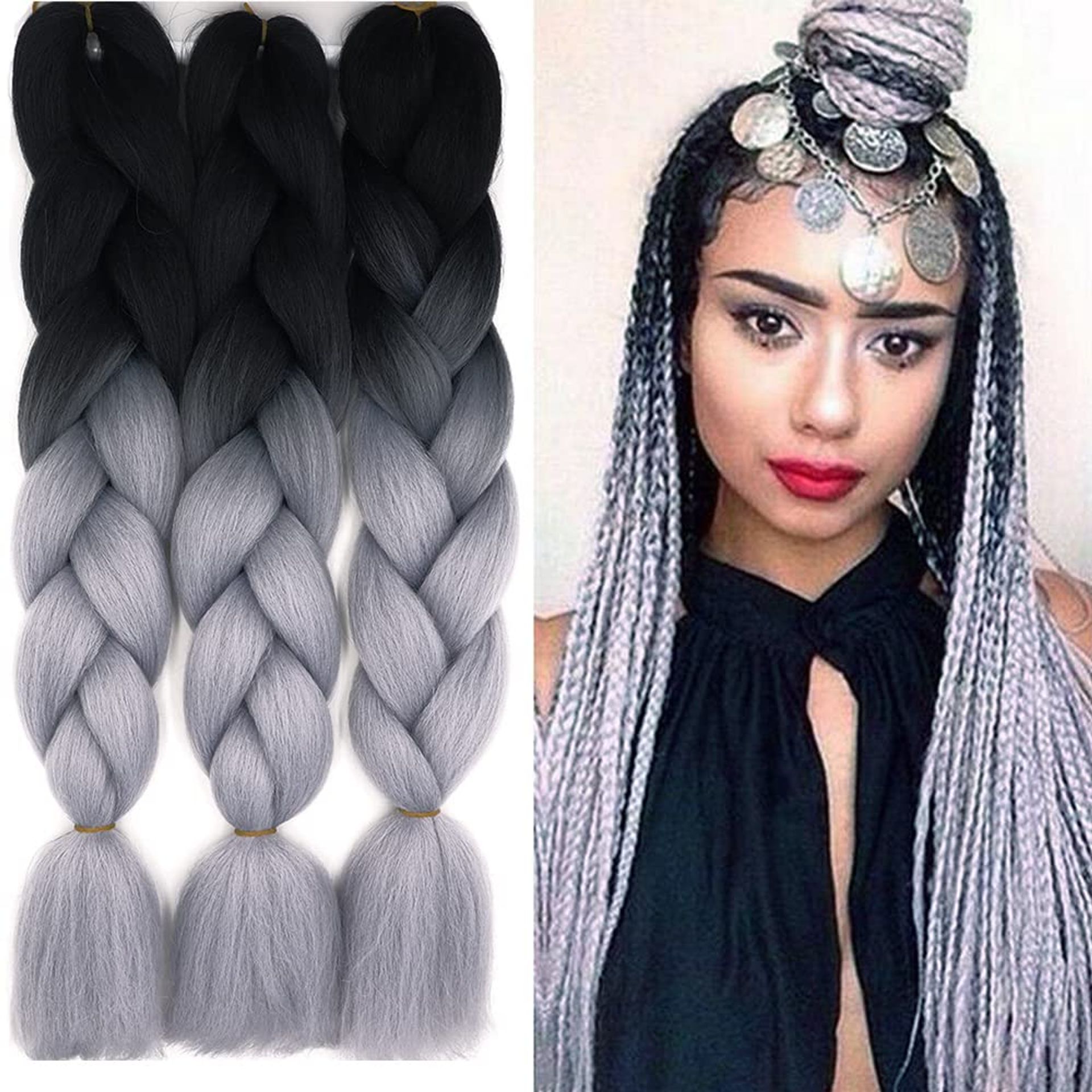 Cybelleza Jumbo Braiding Hair Extensions Synthetic 3PCS/Lot 24inch Ombre Jumbo Braids Crochet Twist Afro Box Braid Heat Resistent(Black&Dark Brown)