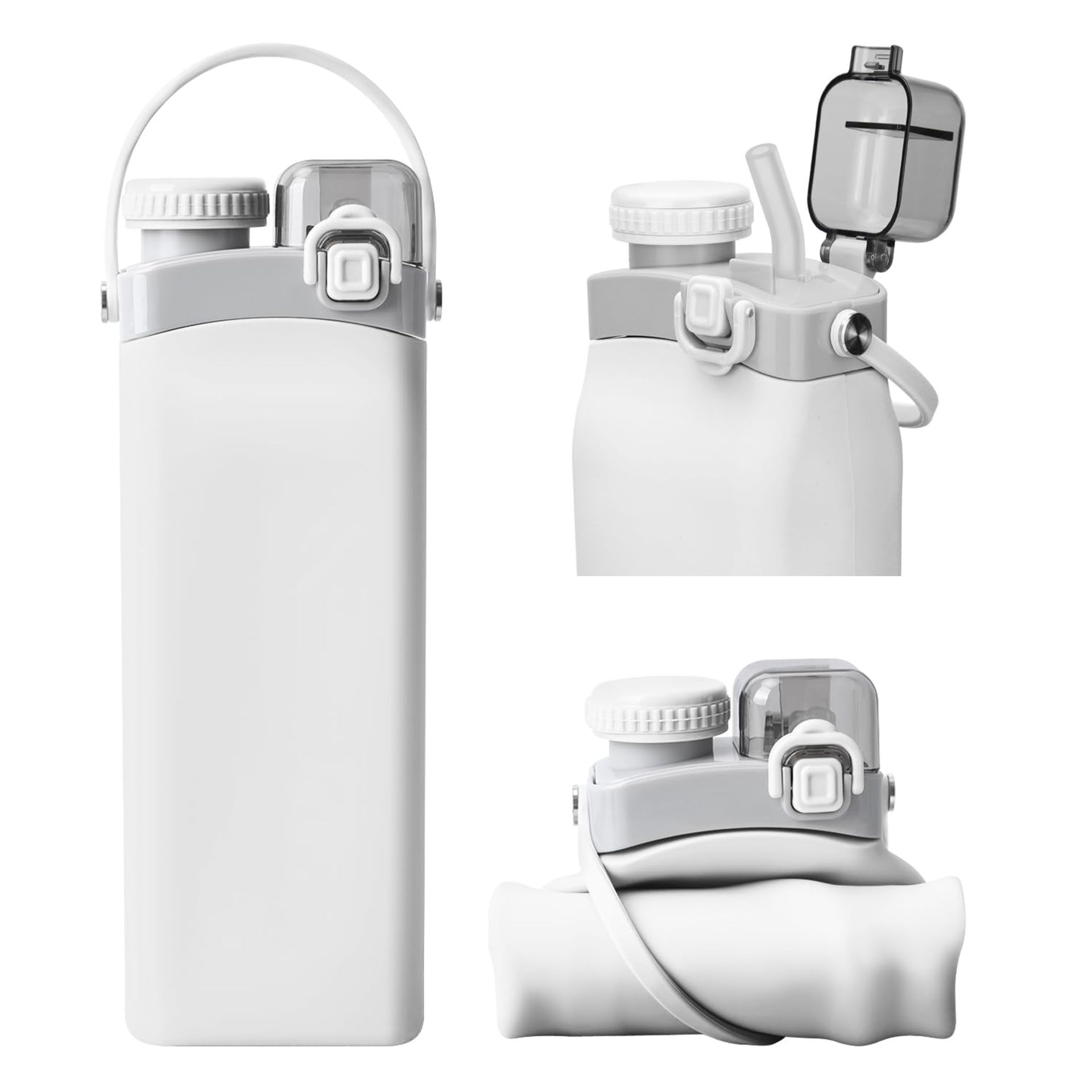 Nefeeko Collapsible 600ml White Silicone Water Bottle with Straw & Strap - BPA Free & Leakproof