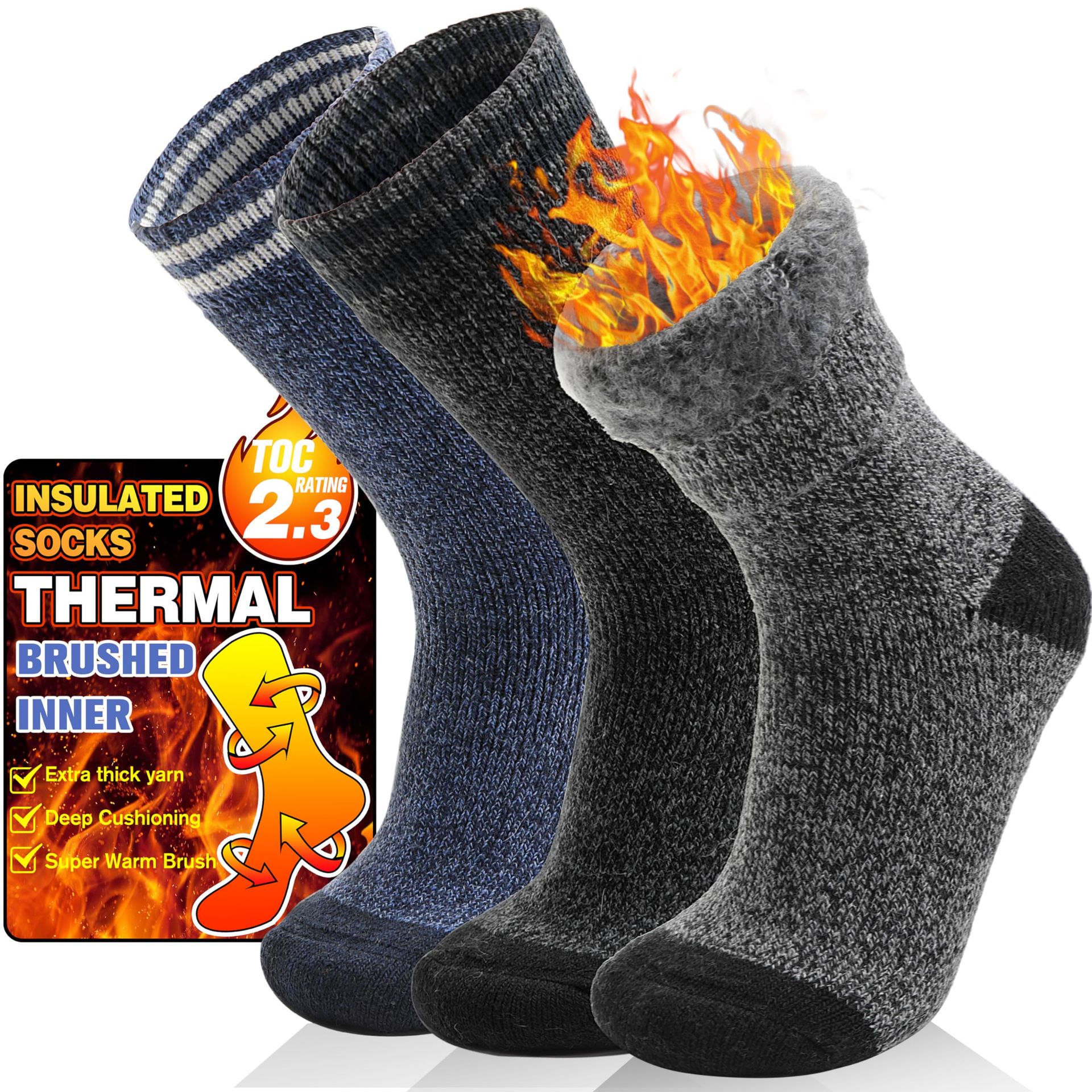 Warm Winter Ski Thermal Socks - Heated Insulated Boot Socks for Men & Women | 3 Pairs (Stripe B, L)