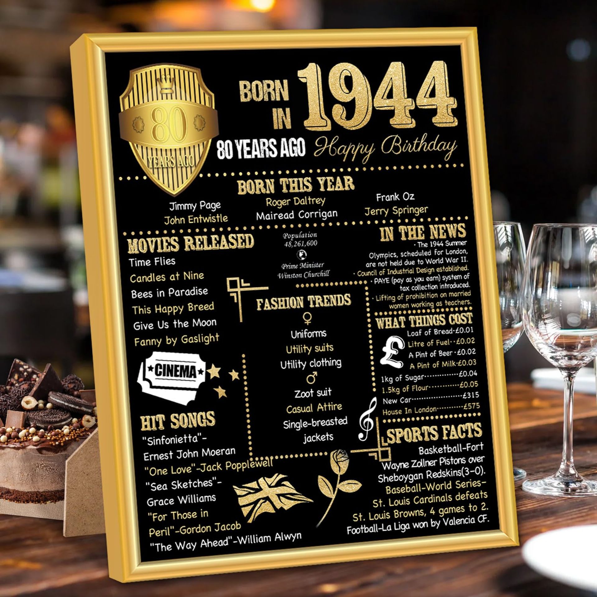 Benjia 1944 Birthday Poster Framed UK, Happy 80th Birthday Party Decor Supplies Home Decoration idea Card Gift 80 Years Old Wedding Gold Arc Frame Newspaper For Men Women (Black, 8x10 inch)