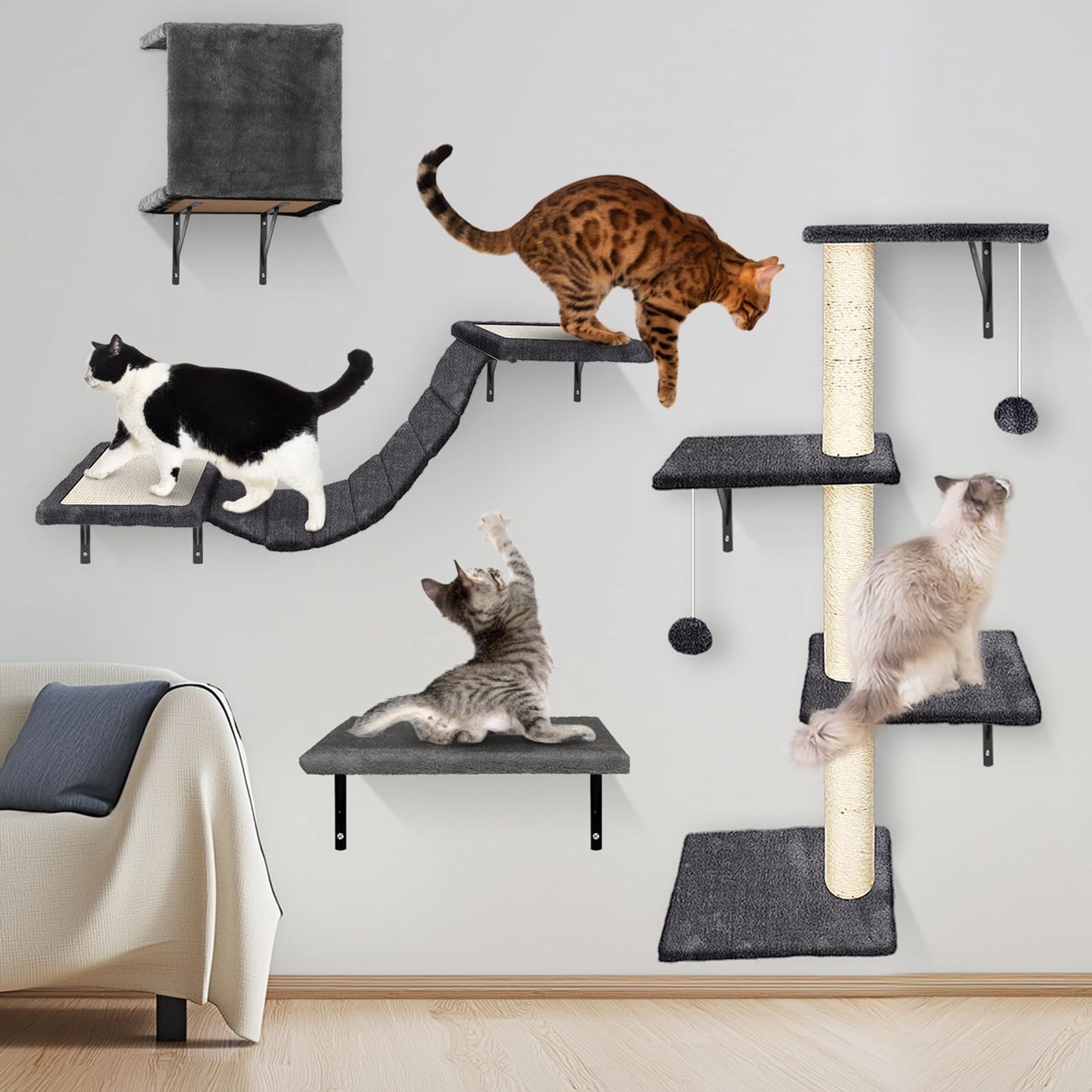 Cat Wall Climbing Frame Set, 4-in-1 Cat Tree with House, Bridge, Shelf & Scratching Posts – Grey Indoor Cat Furniture