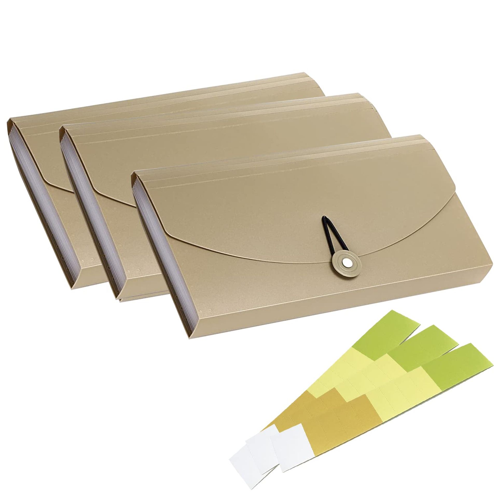 3PCS 13-Pocket Expanding File Folder Bill & Coupon Organiser with Labels Elastic Closure Travel Wallet Set - Khaki