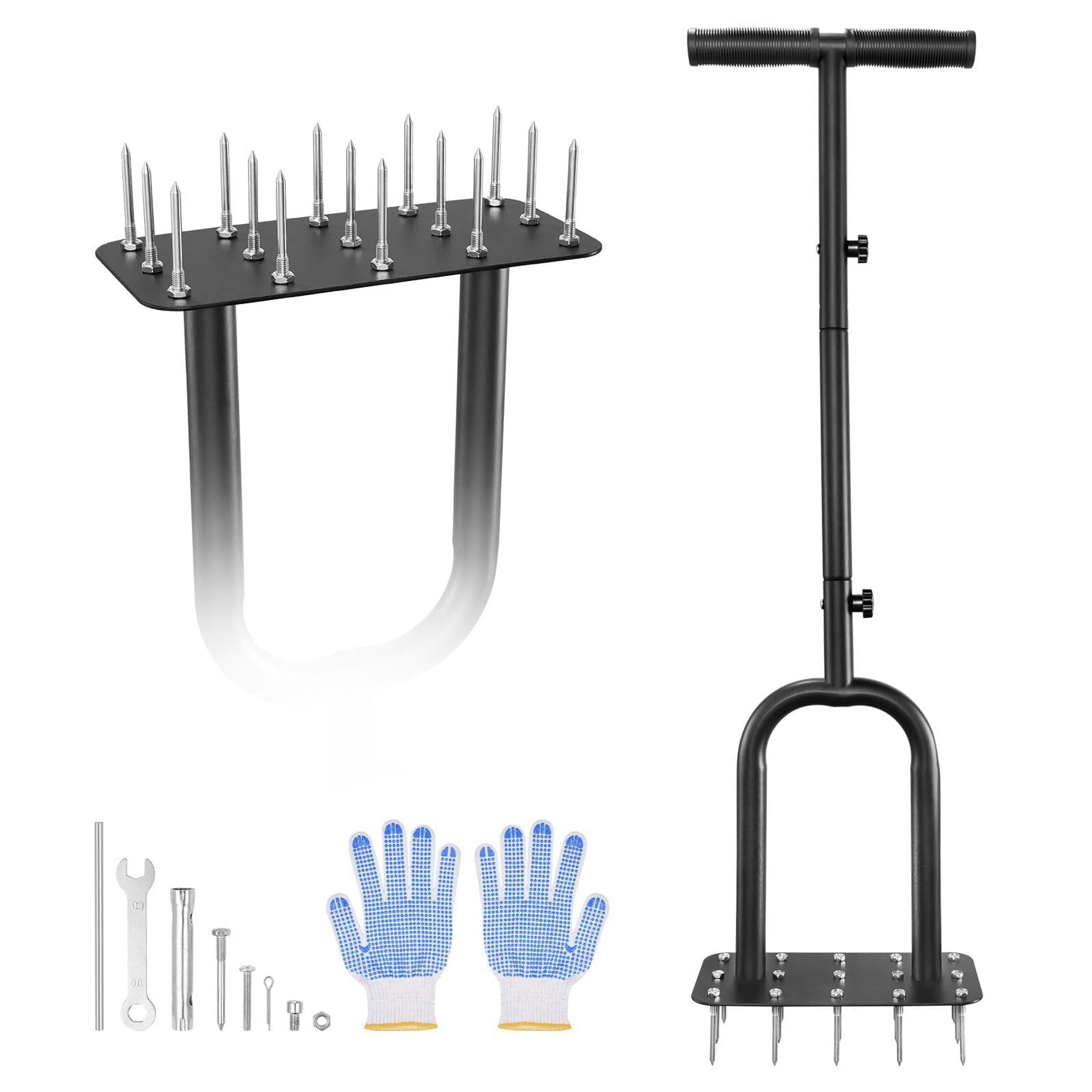 Lawn Aerator Spikes Manual Yard Grass Aeration Tool with Strong Steel Spikes and Adjustable Handle for Compact Soil - Black AEH01