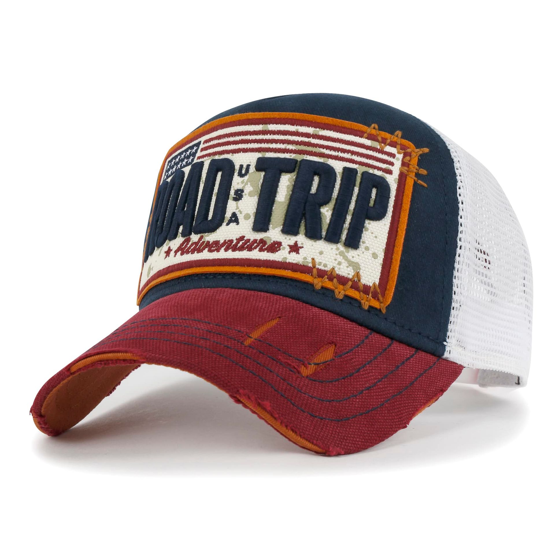 Men's Vintage Distressed Snapback Trucker Hat Road Trip Embroidery Mesh Baseball Cap - Navy XL