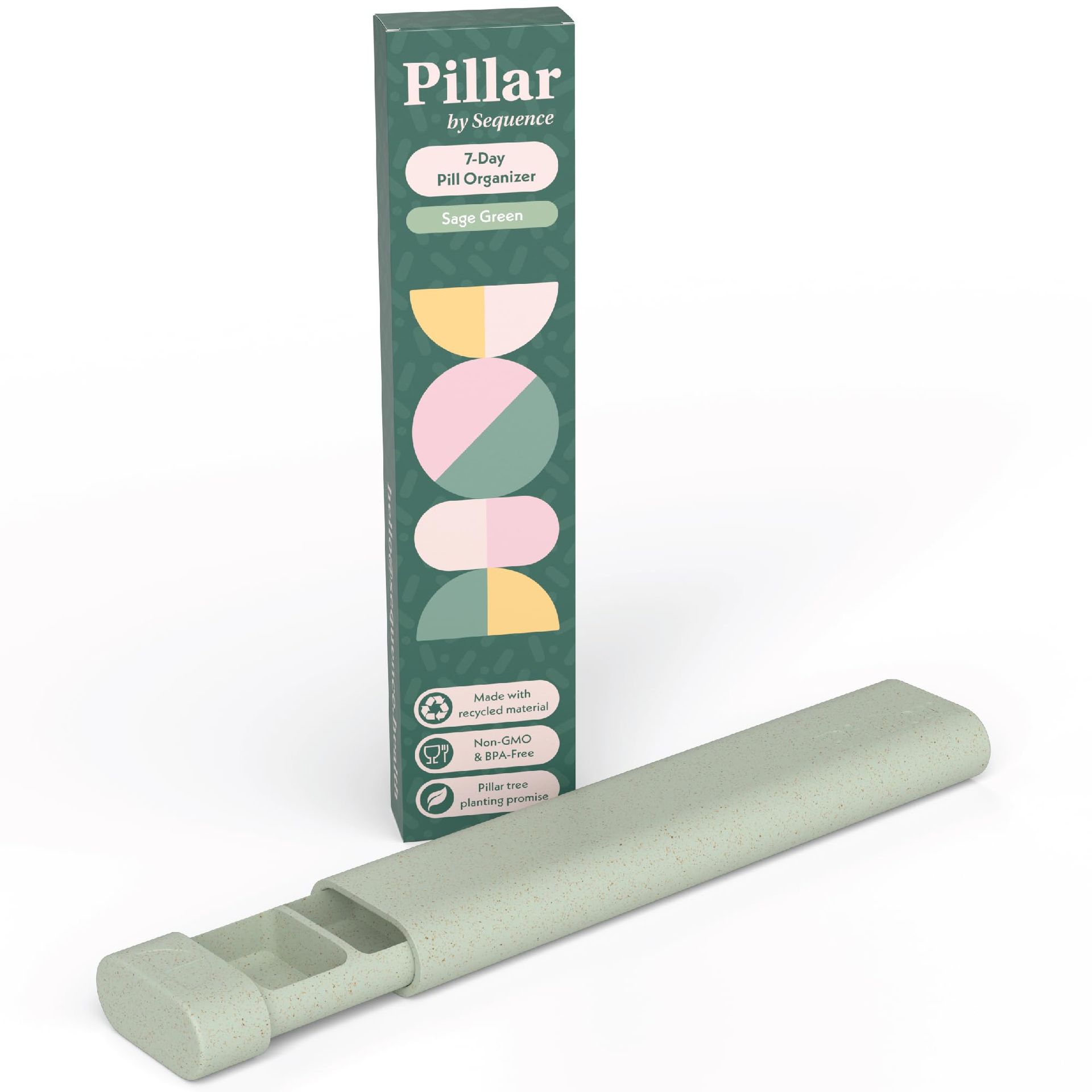 Pillar 7 Day BPA-Free Wheat Straw Pill Box - Stylish Sage Green Tablet Organiser for Home & Travel