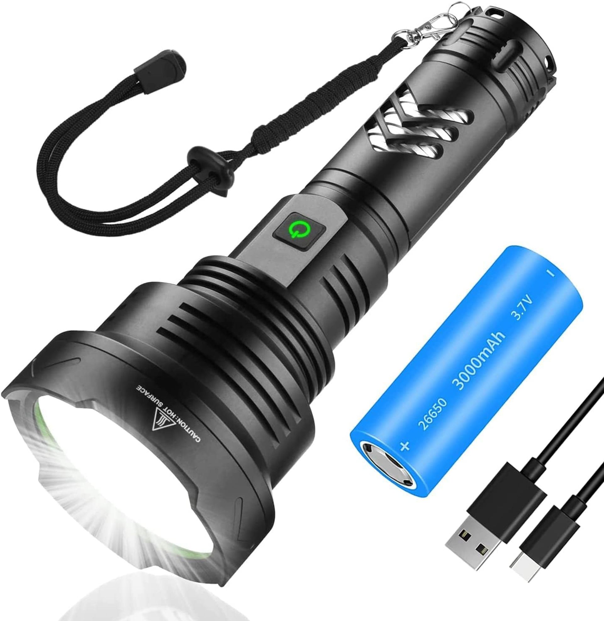 Rechargeable LED Torch 50000 Lumens Super Bright Flashlight with 5 Modes, Tactical Searchlight for Camping, Hiking & Emergency Use