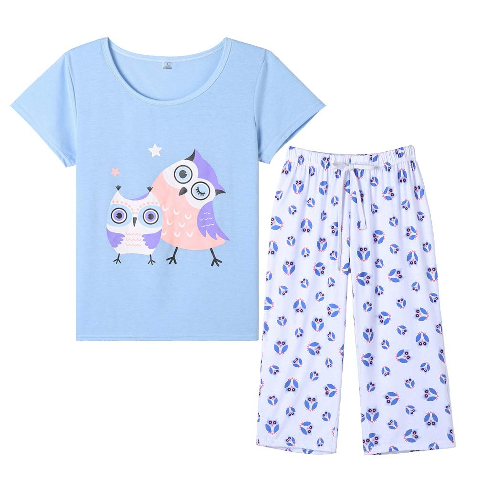 Women's Sleepwear Pyjama Set Owl Print Short Sleeve Top & Capri Bottoms - Owl XL