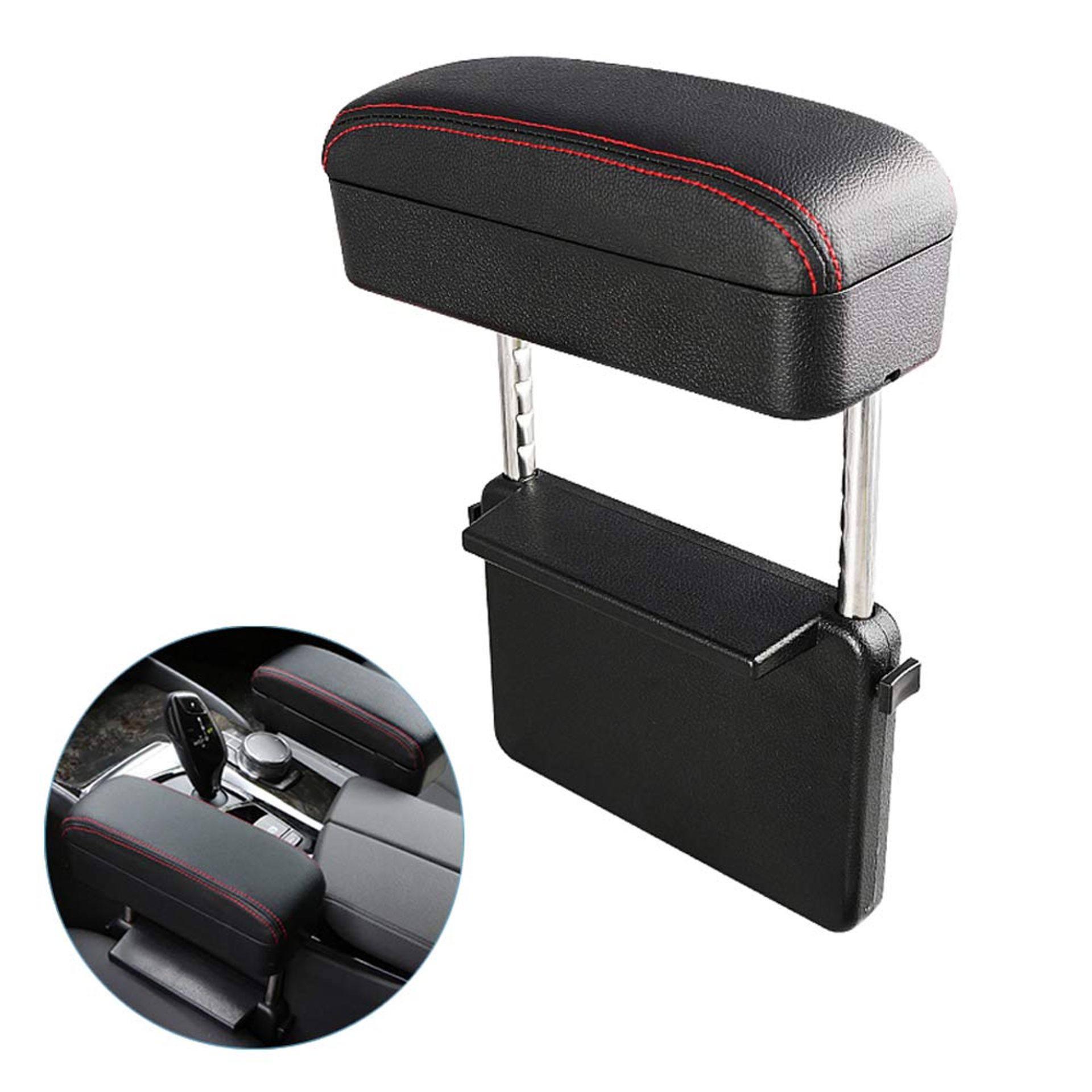 Car Centre Console Organiser with Wireless Charger - Black Leather Armrest Storage Box