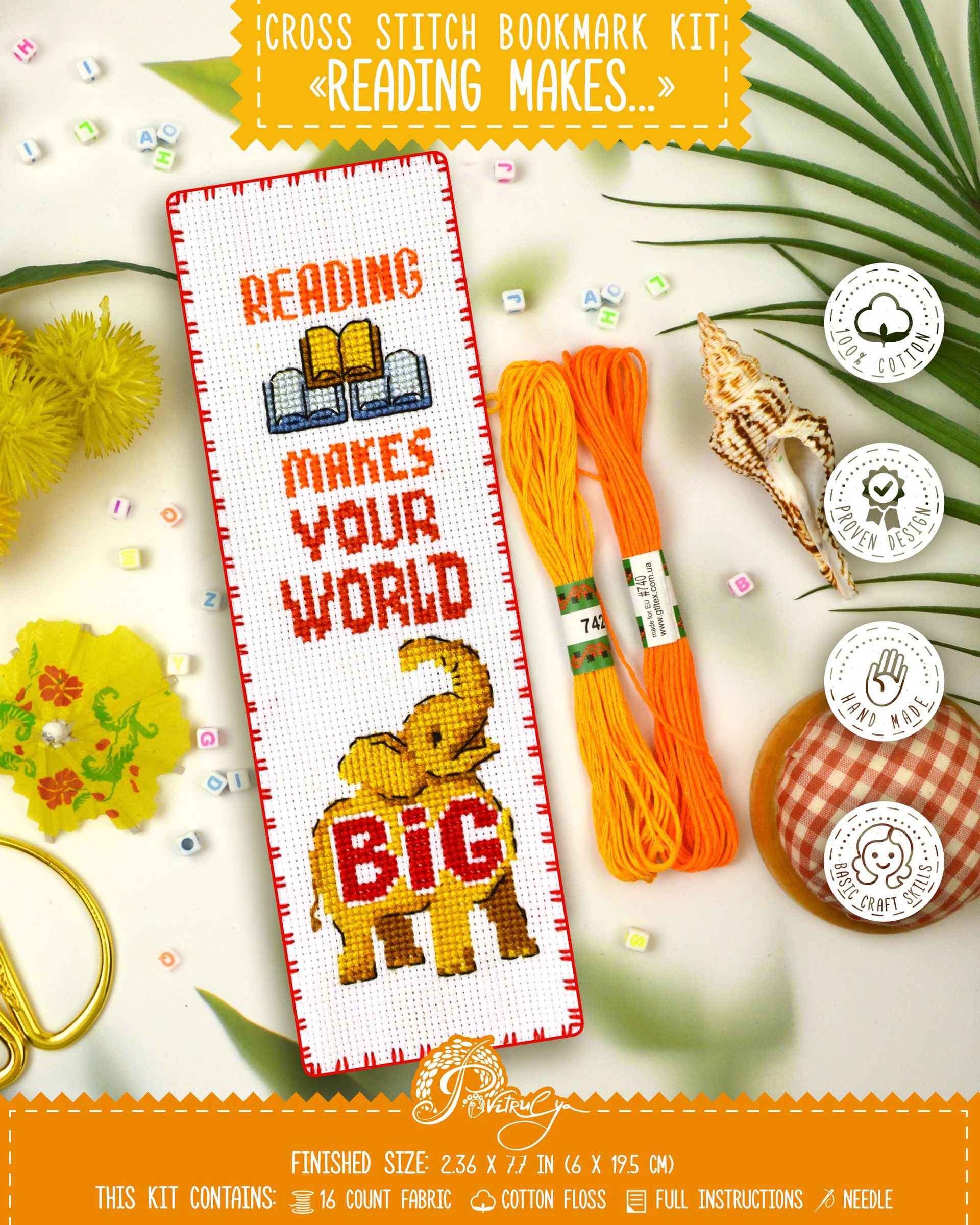 Counted Cross Stitch Bookmark Kit 'Reading Makes Your World Big' with 16 Count Aida, Paper Pattern & Pre-Sorted Threads