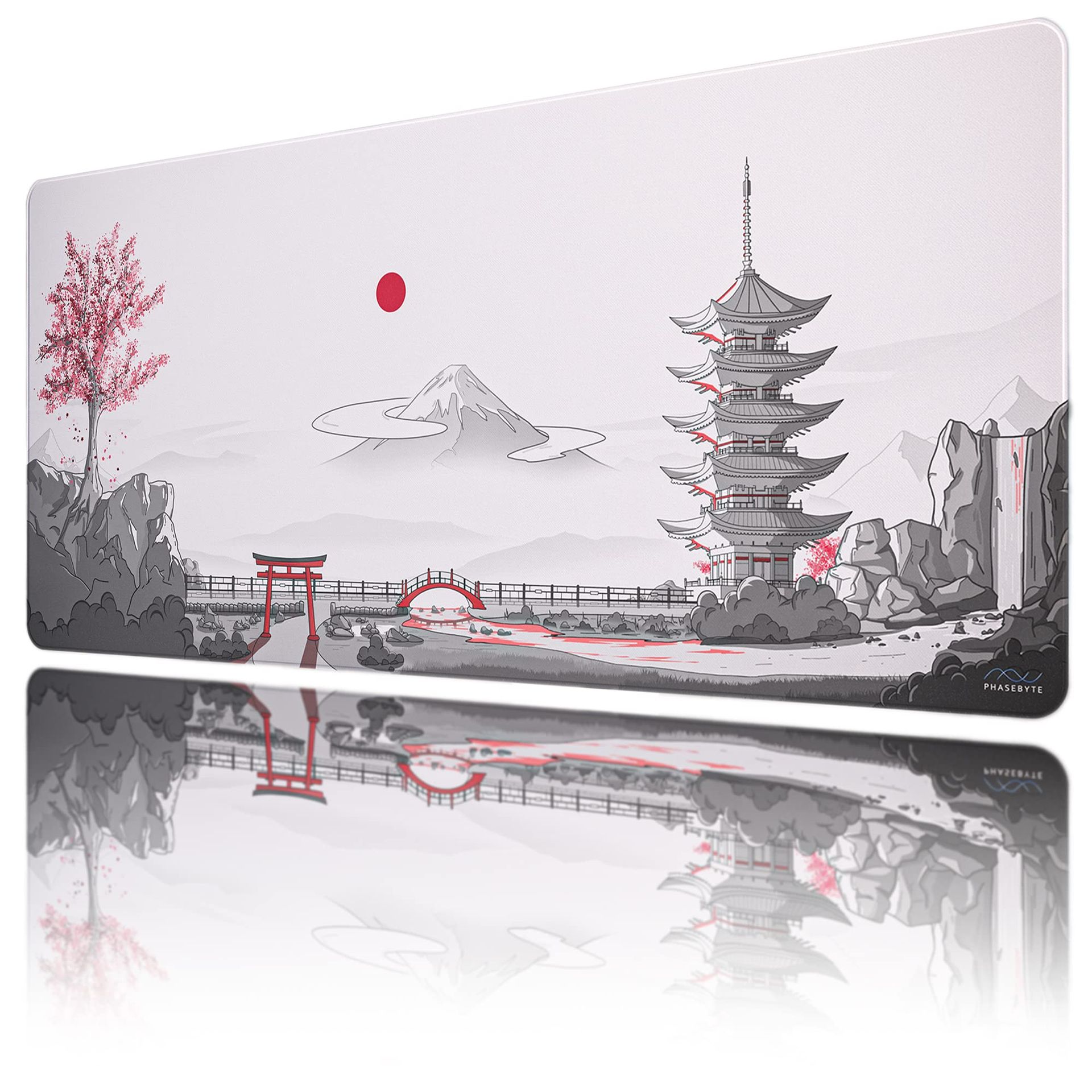 Extended Gaming Mouse Pad Non-Slip Large Desk Mat with Stitched Edges and Smooth Micro-Fibre Surface - Pagoda Falls Large
