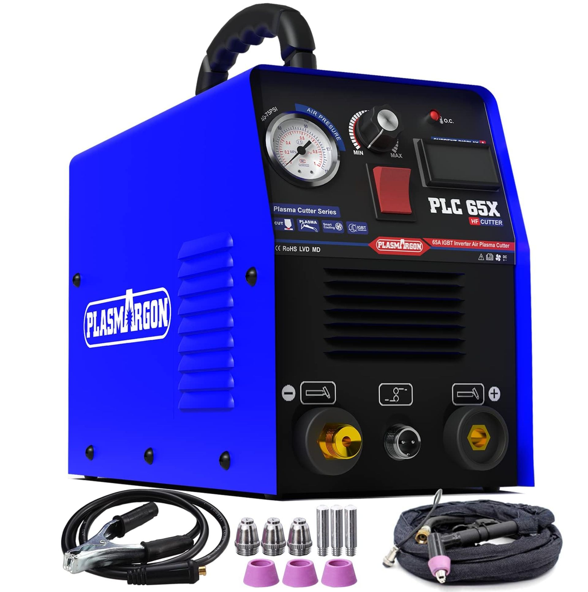 Plasmargon 65A Plasma Cutter HF IGBT Inverter Air Cutting Machine 230V Portable Metal Cutting Tool - Black PLC65