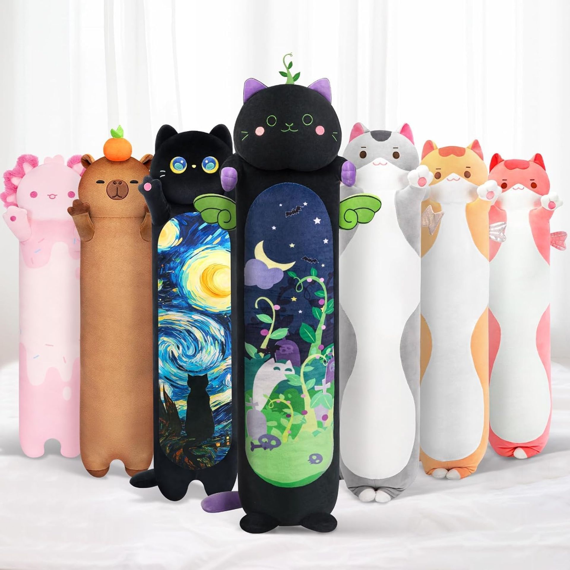 Long Plush Cat Pillow Soft Hugging Cushion Kawaii Stuffed Animal Plush Toy - Black Mint Cat 51in