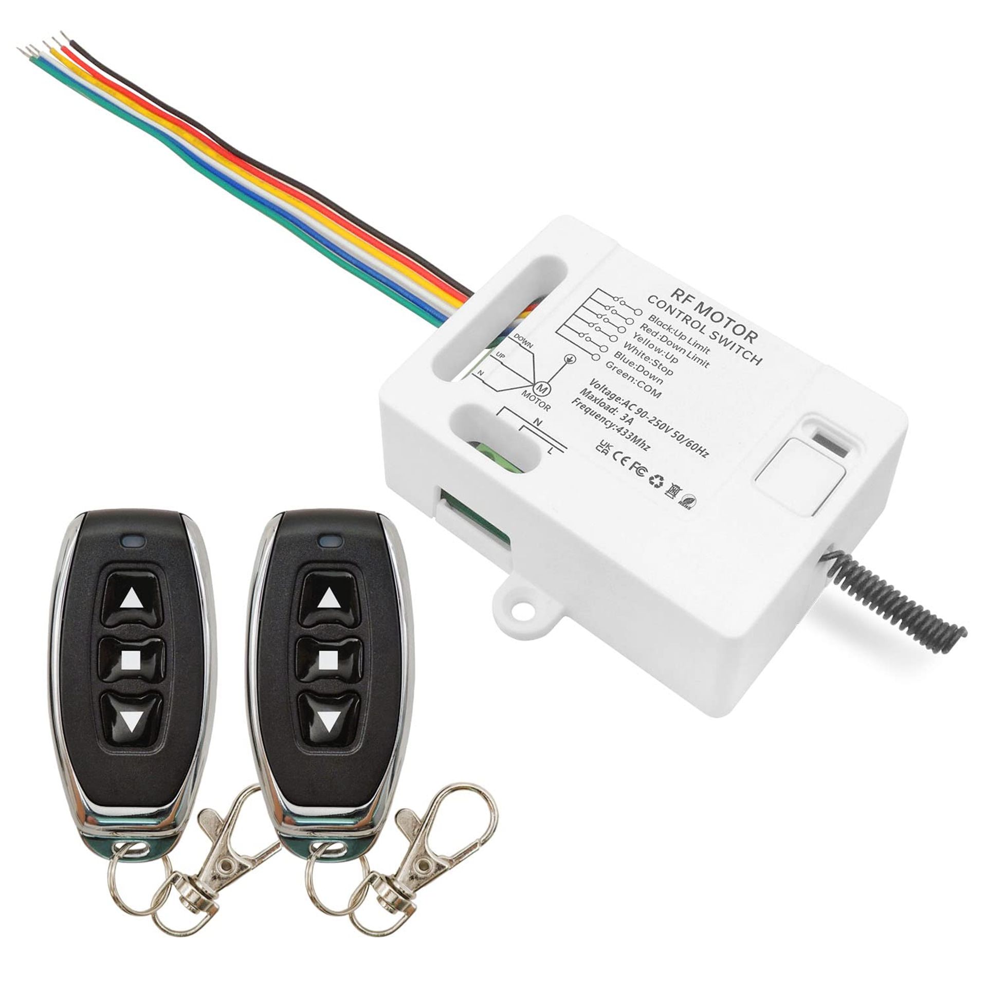 Wireless Roller Shutter Remote Control Switch 240V 3A Relay Receiver with 2 Transmitters Compatible with Manual and Limit Switch - White 1 Receiver with 2 Transmitters
