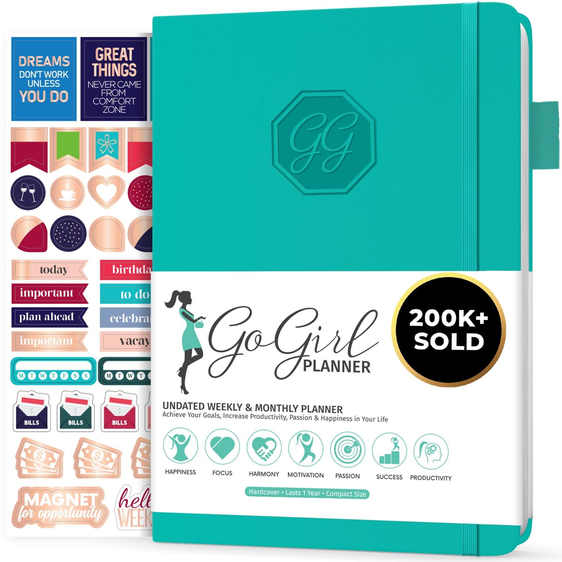 Undated GoGirl Planner for Women - Compact Weekly Agenda & Goals Journal for Enhanced Productivity, Turquoise