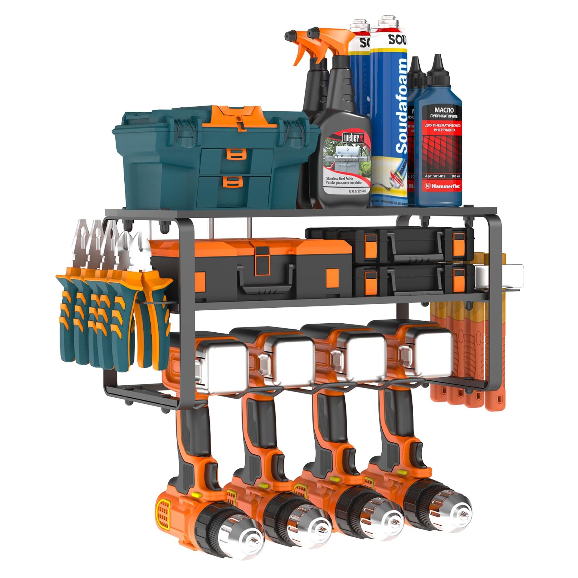 Power Tool Organiser Wall Mounted Rack 3 Layer Storage with Drill Holders & Side Screwdriver Slots - Orange