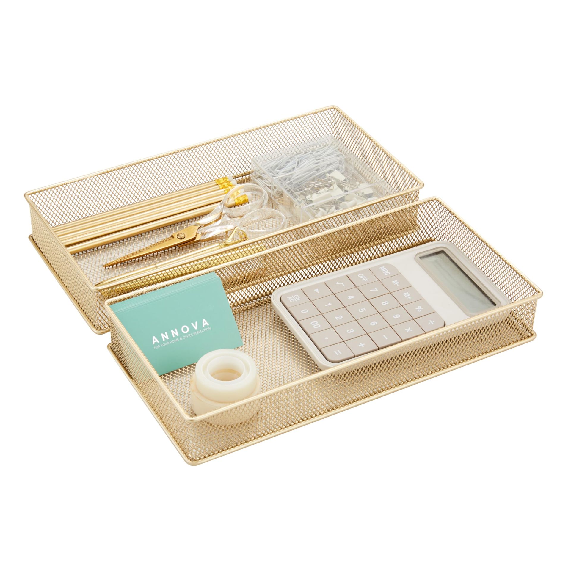 Mesh Drawer Cabinet and Shelf Organiser Set of 2 for Office and Home Storage - Gold 30.5x15x5 cm