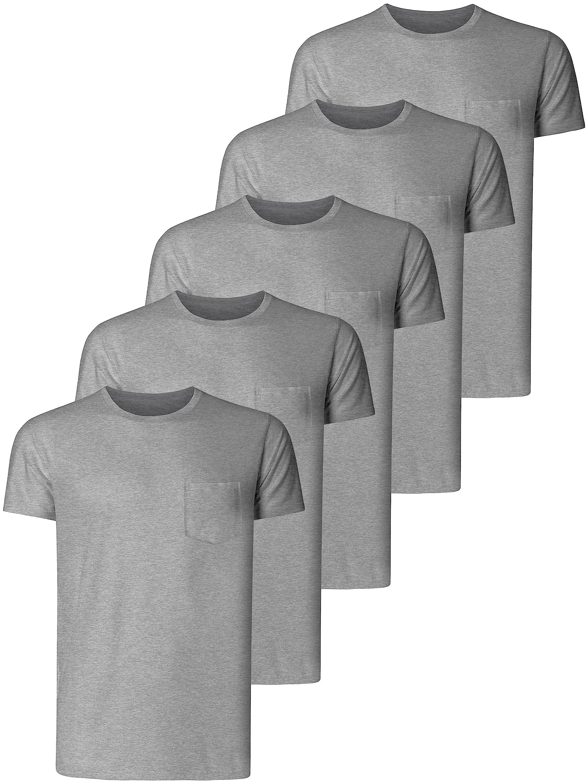 Men's Plain Cotton T-Shirt Multipack Crew Neck Short Sleeve Breathable Top 5-Pack with Pocket - Grey M
