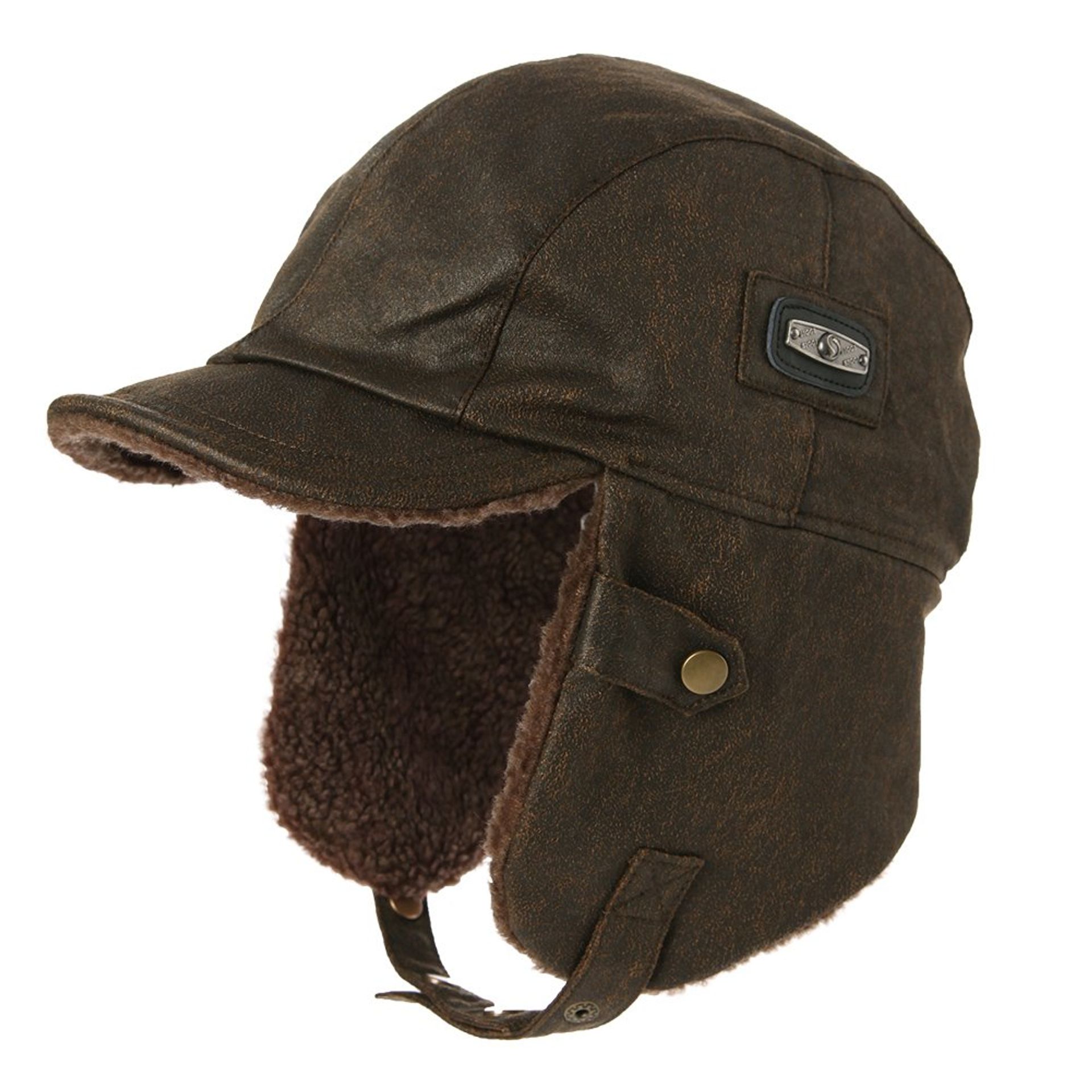 Waterproof Faux Leather Aviator Trapper Hat with Fur Earflaps - Windproof Ushanka Style Winter Hat for Women, Coffee, Size M