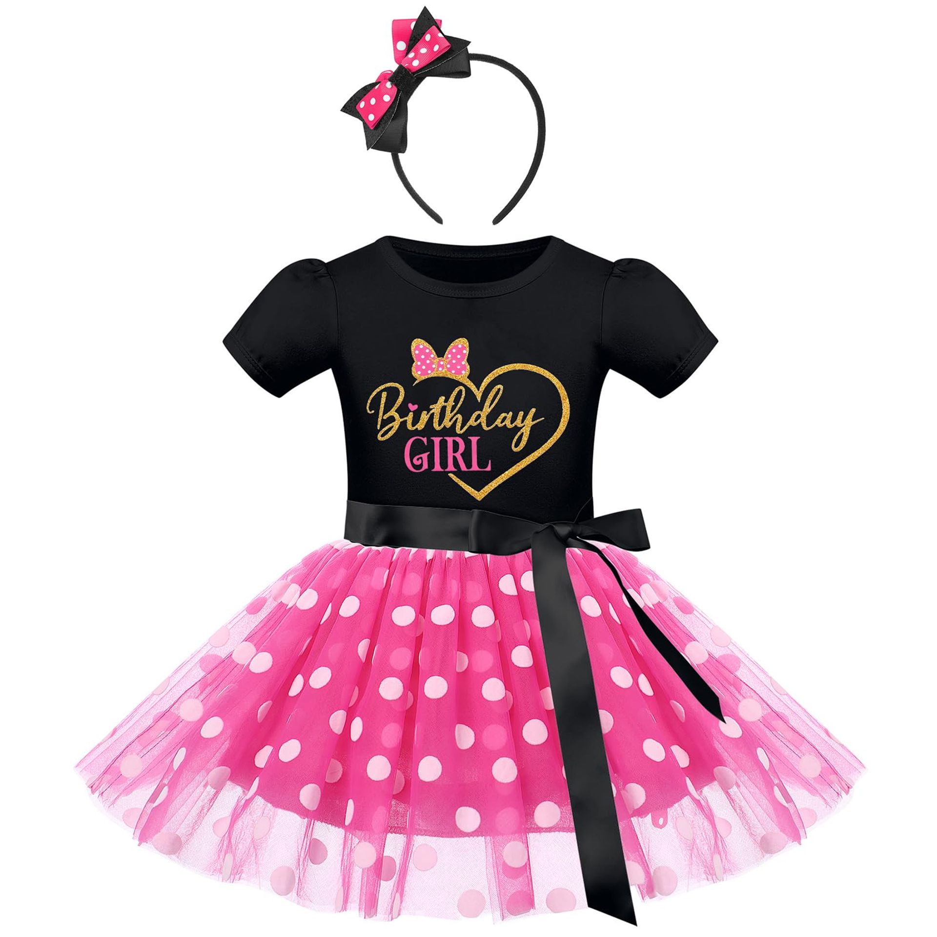 Girls Polka Dot Tutu Dress with Matching Headband Party Costume - Black+Hot Pink Heart 3-4 Years