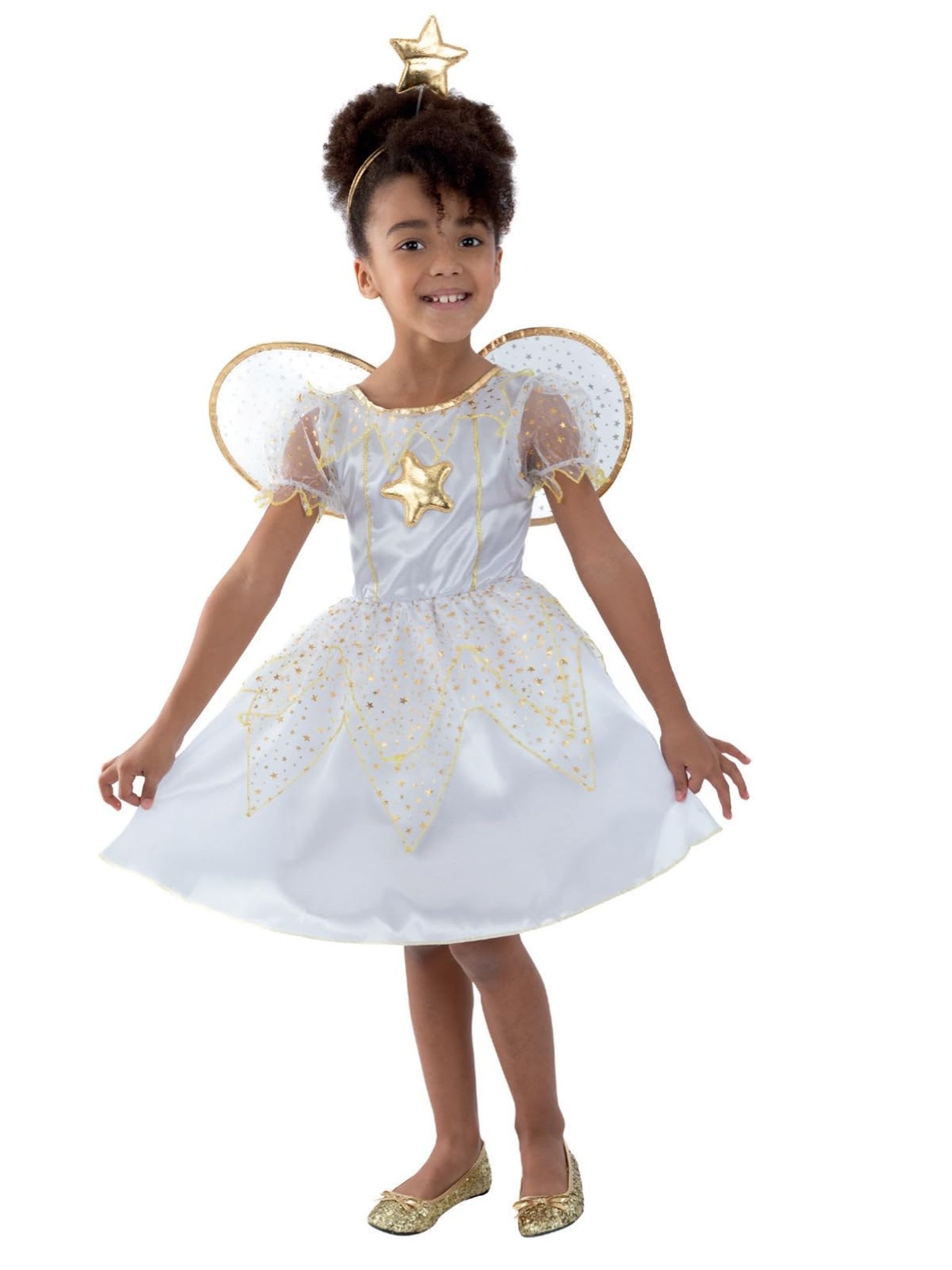 Girls Star Fairy Fancy Dress Costume with Wings and Headband - White M Age 7-9 Years