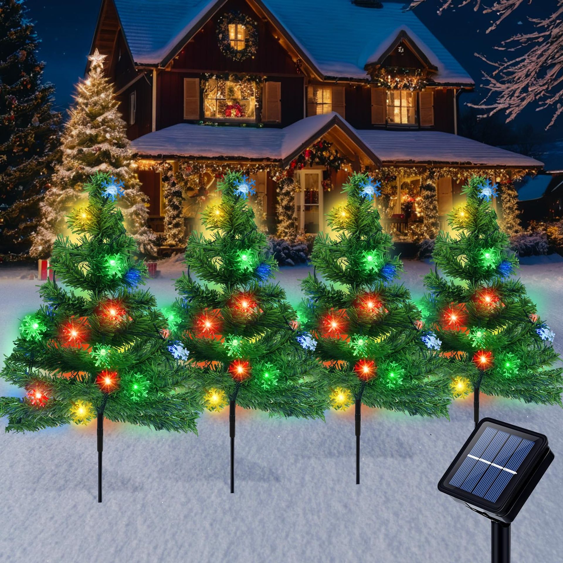 Solar Christmas Tree Stake Lights 4 Pack 80LED 8 Modes Waterproof Outdoor Decoration - Multicoloured