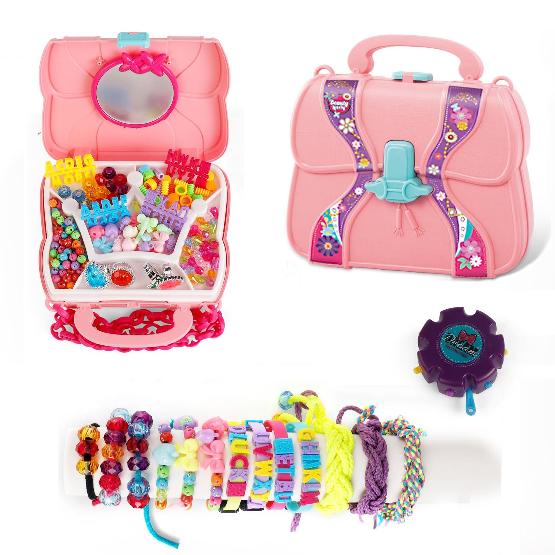 Creative Bracelet Making Kit with Charms for Kids - Perfect Gift for Girls Age 5-12 (Pink) - Valentines
