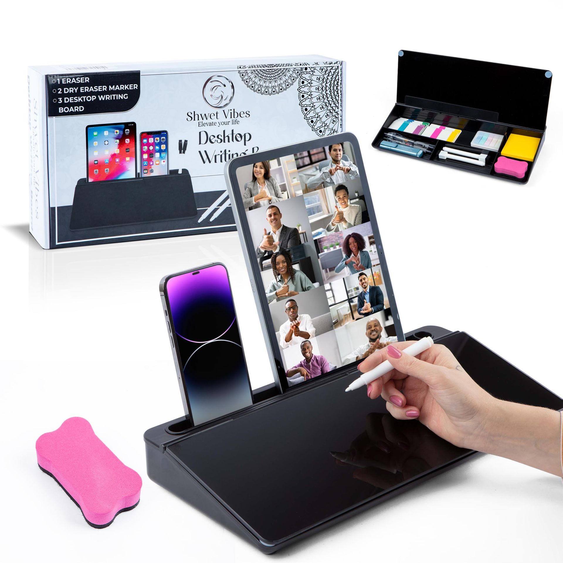 Desktop Glass Whiteboard with Drawer Organiser for Notes & Reminders - Black - Student Essentials