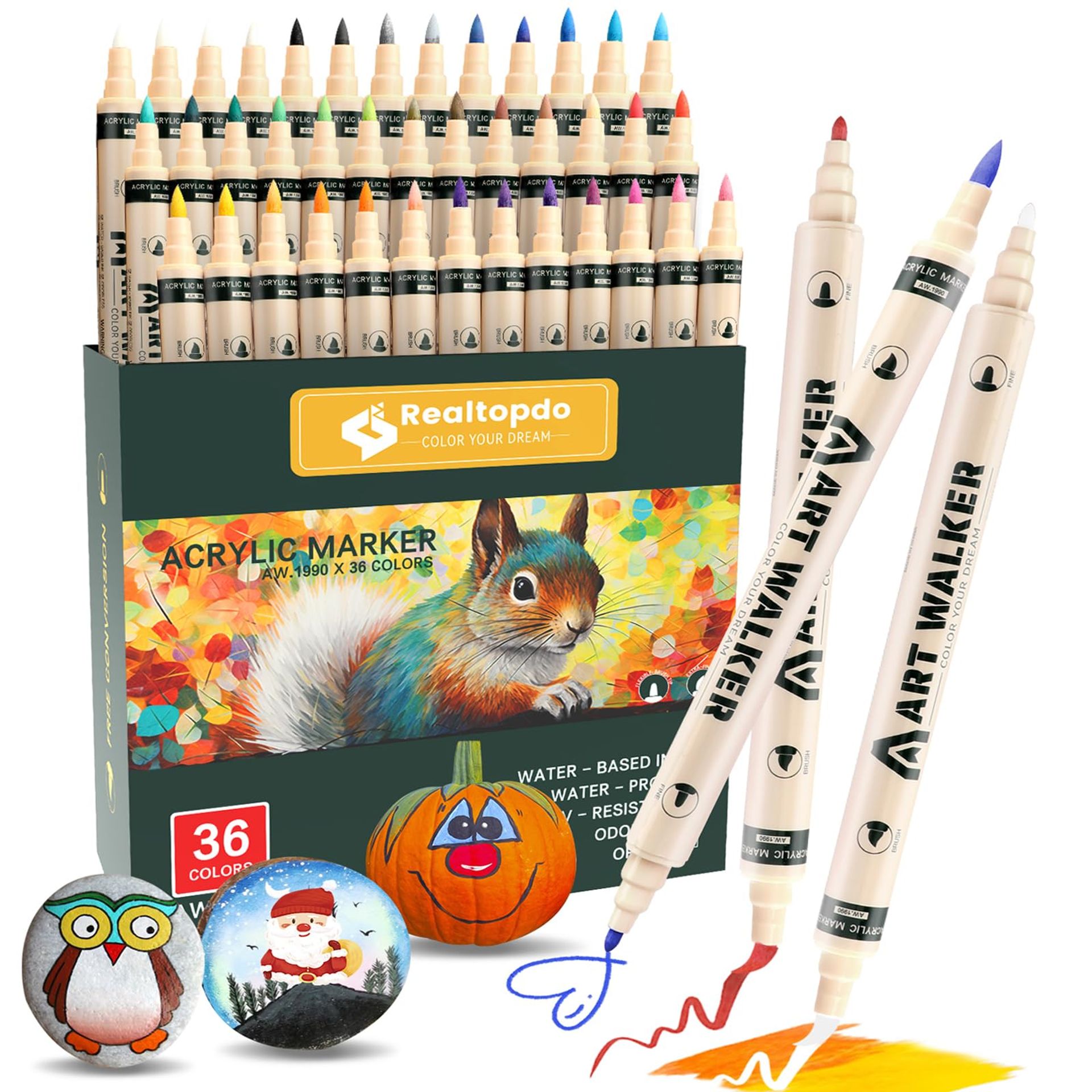 36 Dual Tip Acrylic Paint Pens Set - Vibrant Colours for Rock, Wood, Glass, Ceramic with 3 Cleaning Pens
