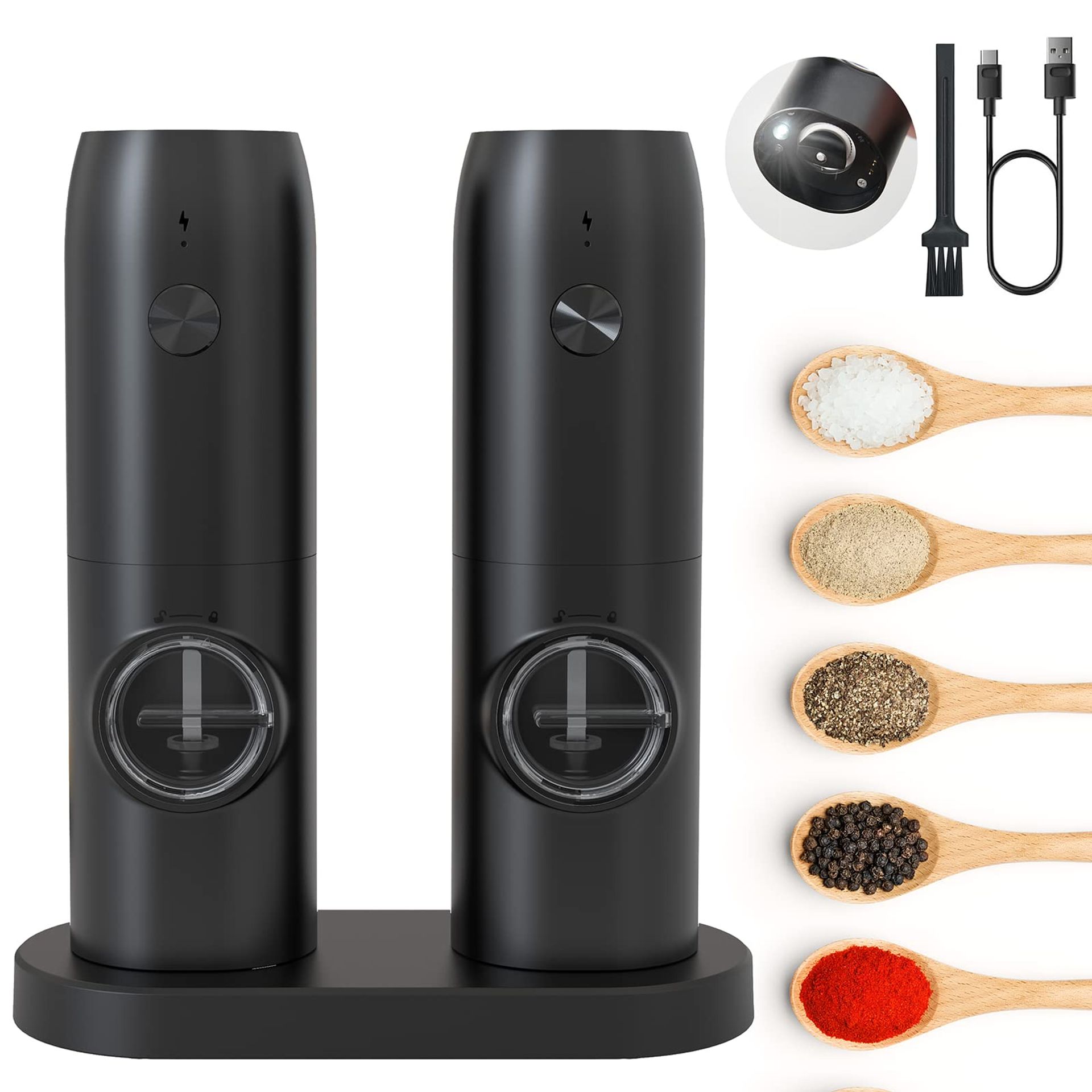Rechargeable Electric Pepper Grinder Automatic Salt Mill with LED Light, One-Hand Operation, Adjustable Coarseness, Refillable & Portable - Black 2
