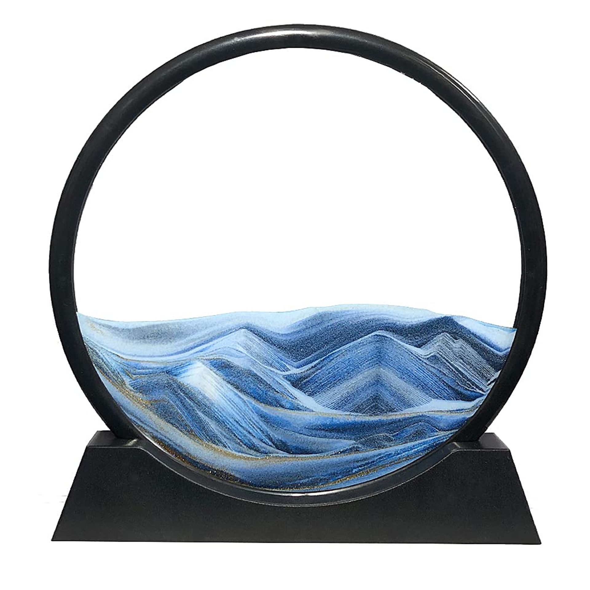 Relaxing 3D Moving Sand Art Picture - Round Glass Deep Sea Sandscape for Home & Office Decor (12" Blue)