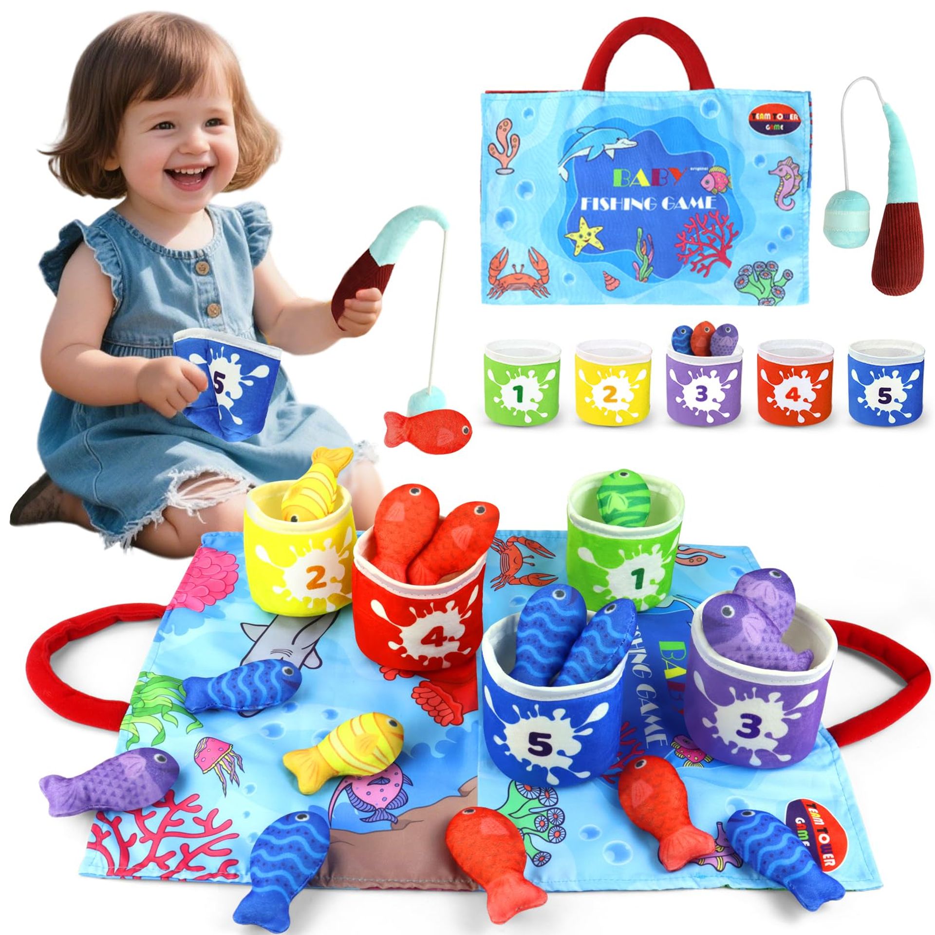 Toddler Montessori Cloth Fishing Game with Buckets Educational Toy Set for Counting, Colour Sorting and Learning Play - Red Blue Green Yellow Purple