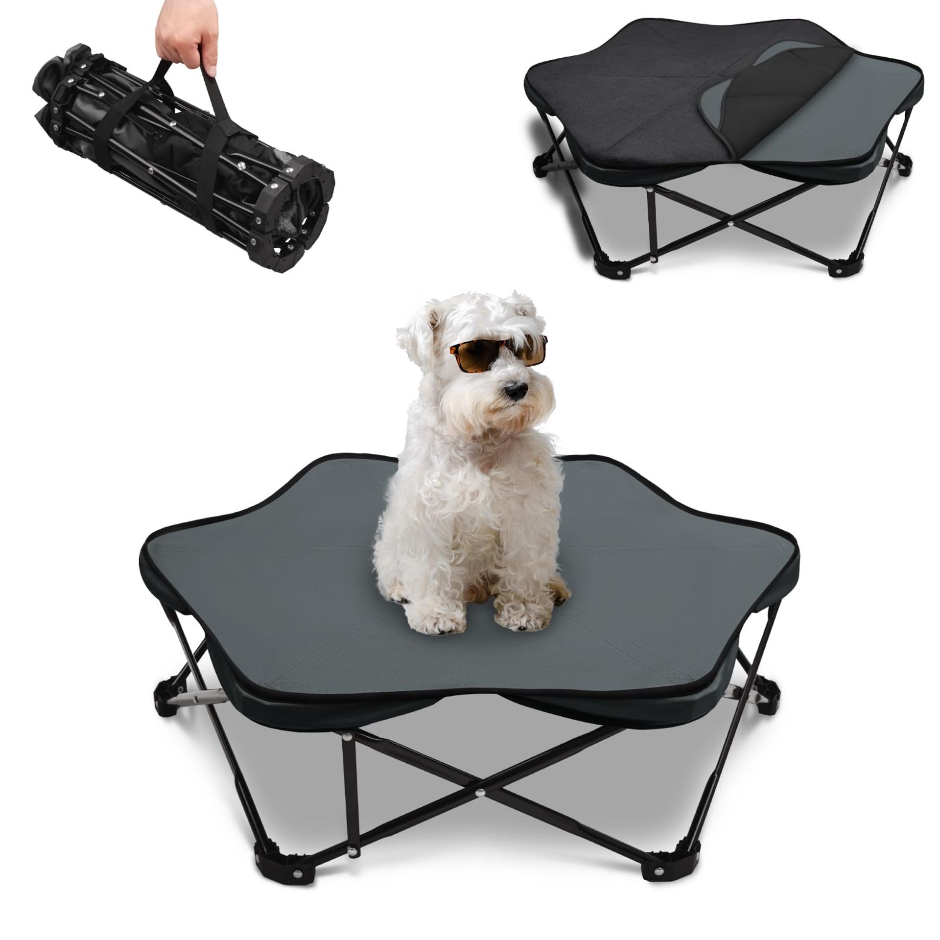 Elevated Hexagonal Dog Bed Foldable Raised Frame with Waterproof Cushion for Indoor Outdoor Use - Grey Small