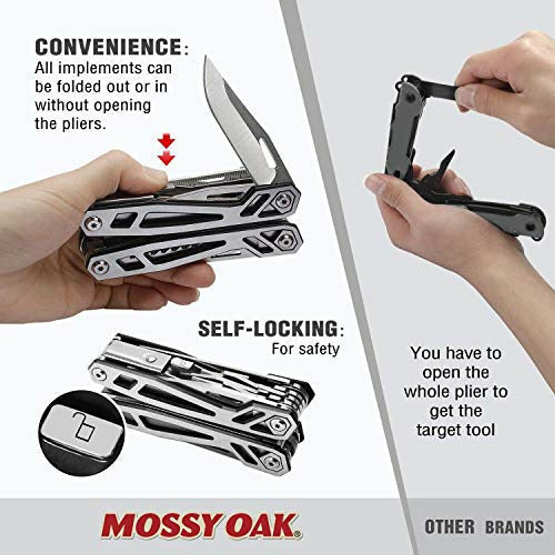 Mossy Oak Multifunctioneel mes, 10-in-1, roestvrij staal met handvat van G10, mes, zaag, schroevendraaier, blikopener, glasbreker, stripper, compact multifunctioneel gereedschap voor wandelen