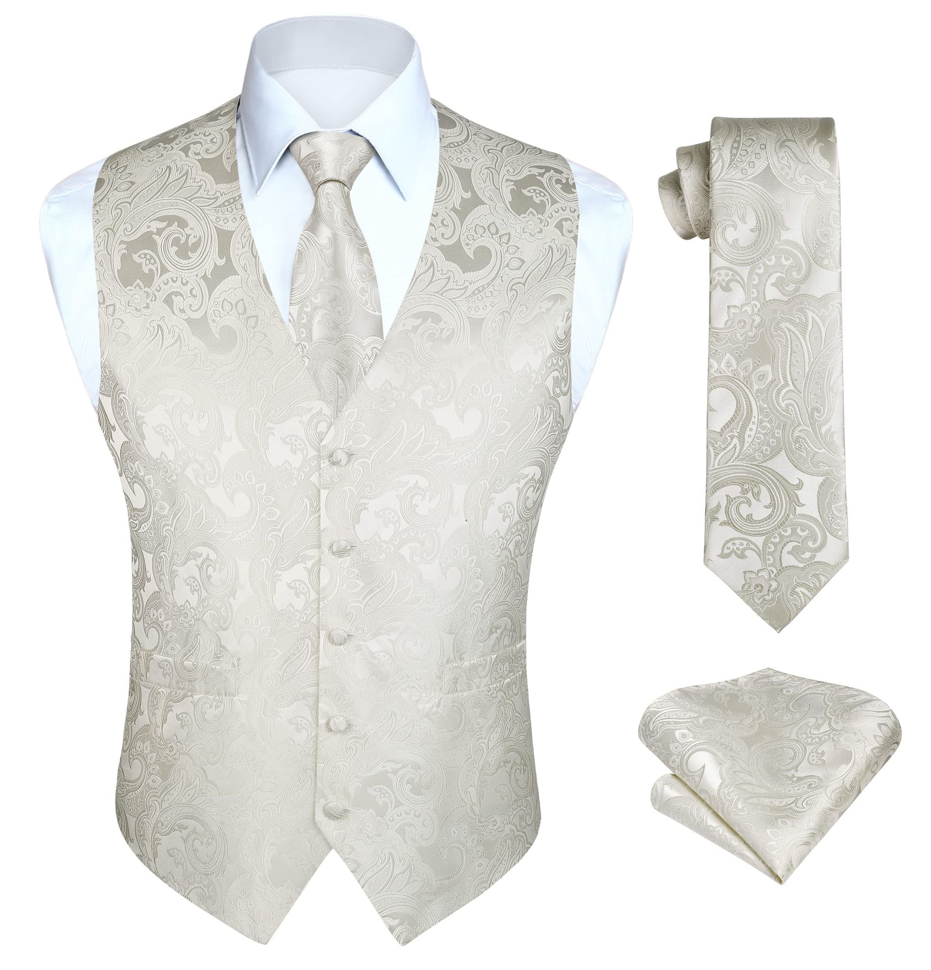 Men's Paisley Waistcoat Set with Necktie & Pocket Square for Weddings and Formal Events - Beige 4XL