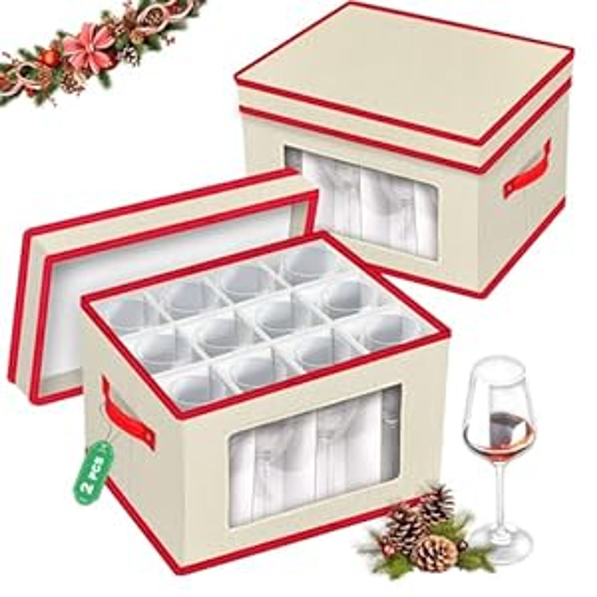 Wine Glass Storage Boxes Set of 2 – Hard Shell, 24 Cell Divider with Handles & Clear Window