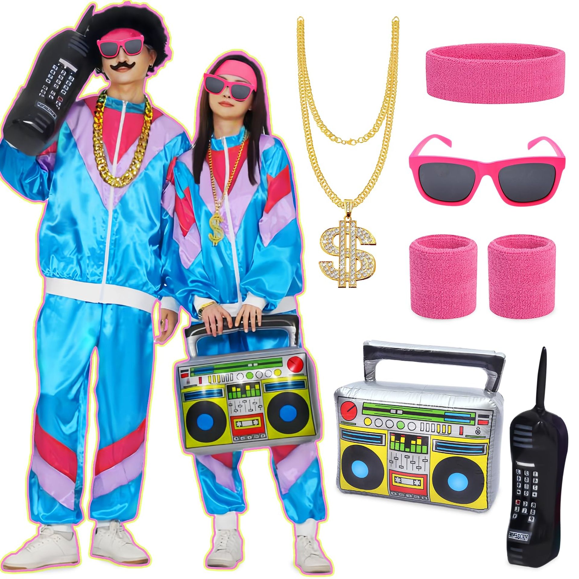 80s & 90s Retro Shell Suit Costume with Accessories – Fancy Dress Tracksuit with Inflatable Radio, Sunglasses & Headband (Blue, XL)