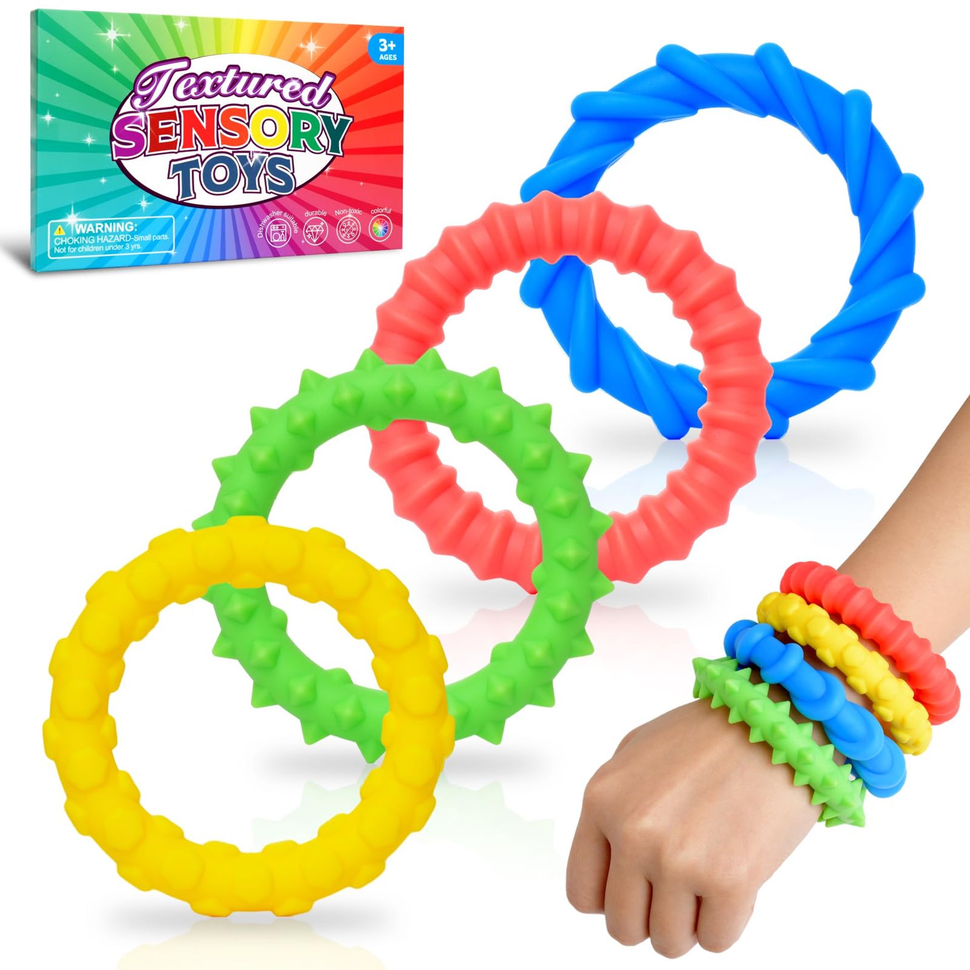 4 Pack Sensory Fidget Toys for Kids & Adults, Silicone Calming Autism Bracelets, Stretchy & Fun