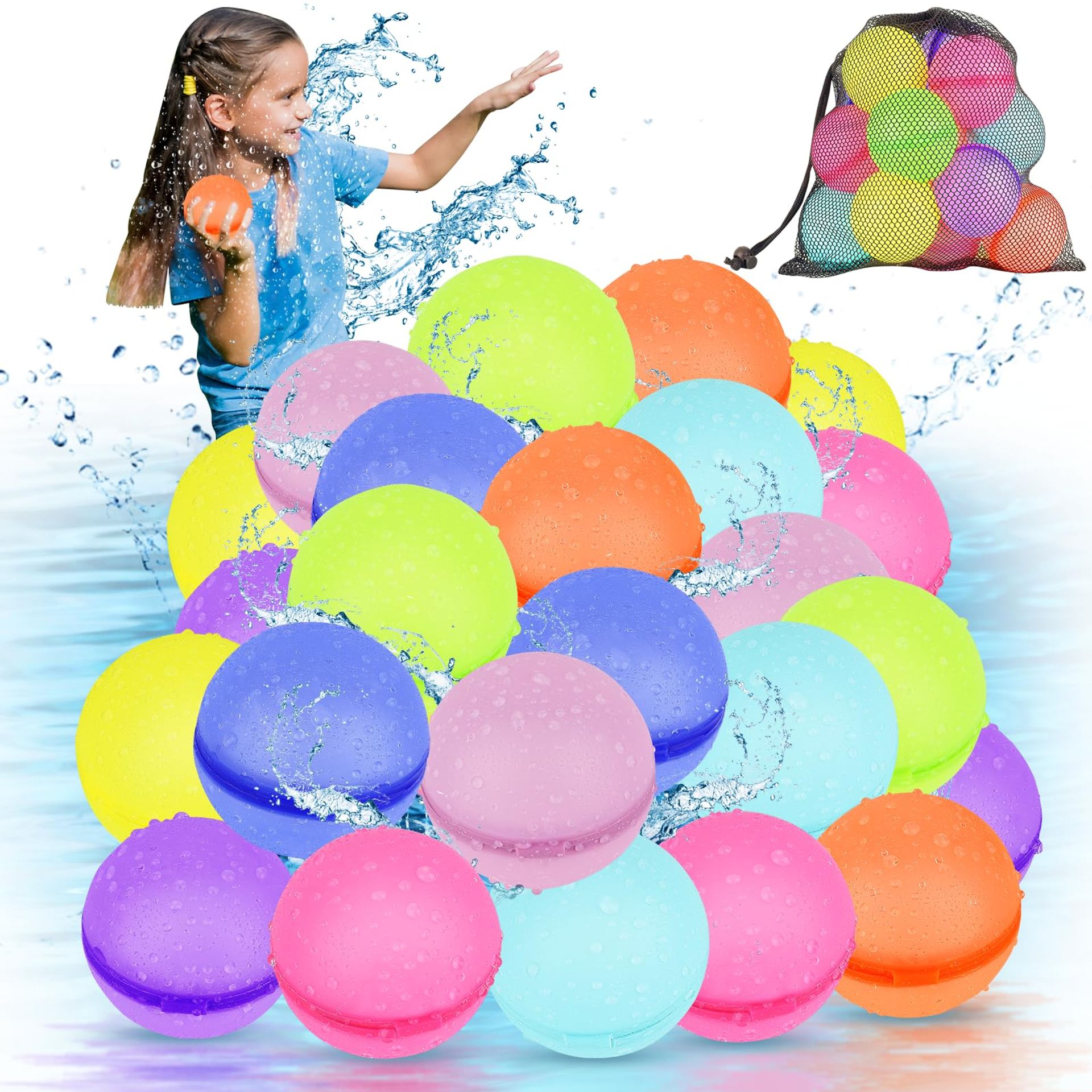 24pcs Reusable Magnetic Water Balloons with Mesh Bag – Quick Fill, Self-Sealing Silicone Splash Balls for Summer Fun