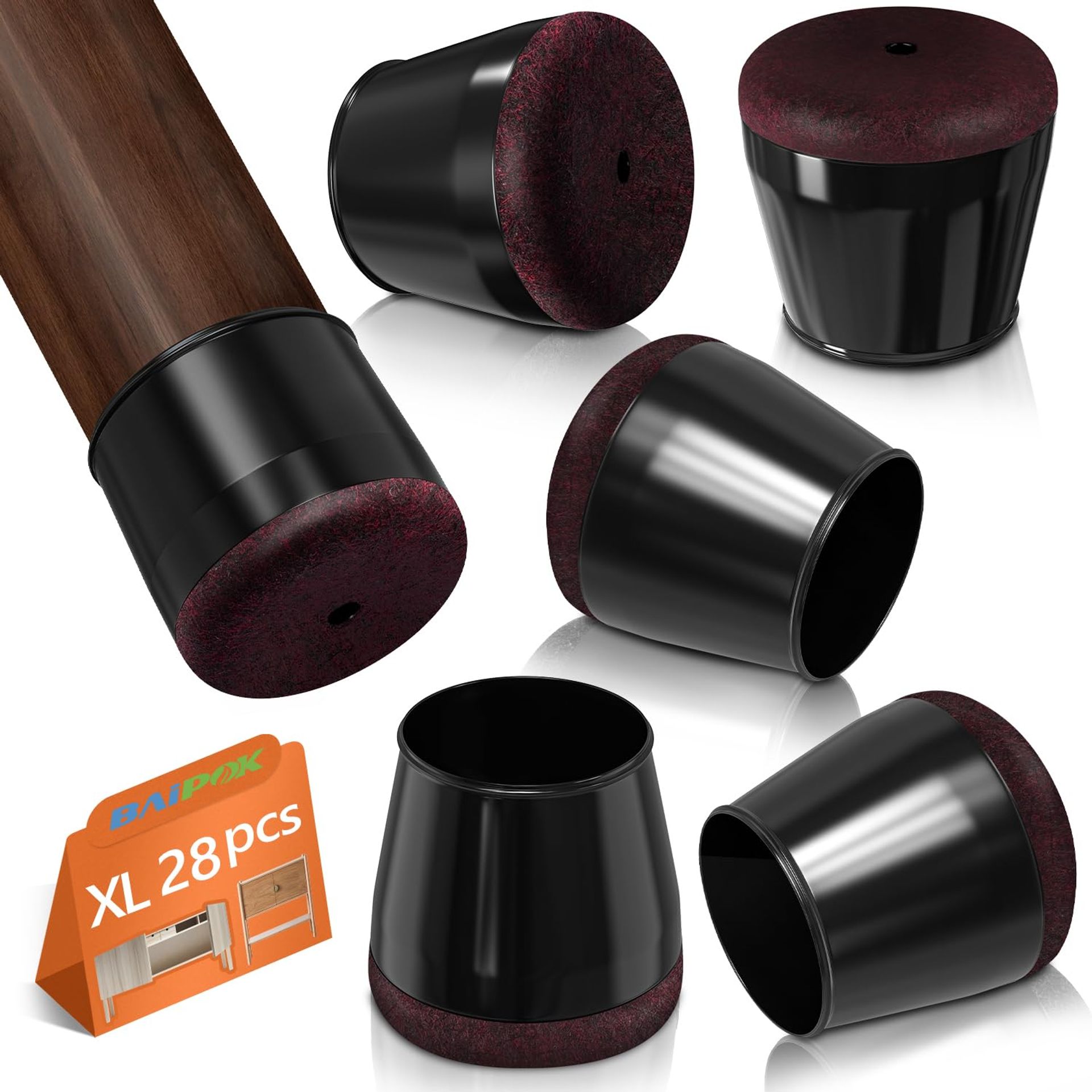 Chair Leg Protectors Silicone Floor Caps with Strong Felt Pads 28 Pack - Black XL(34-48mm)