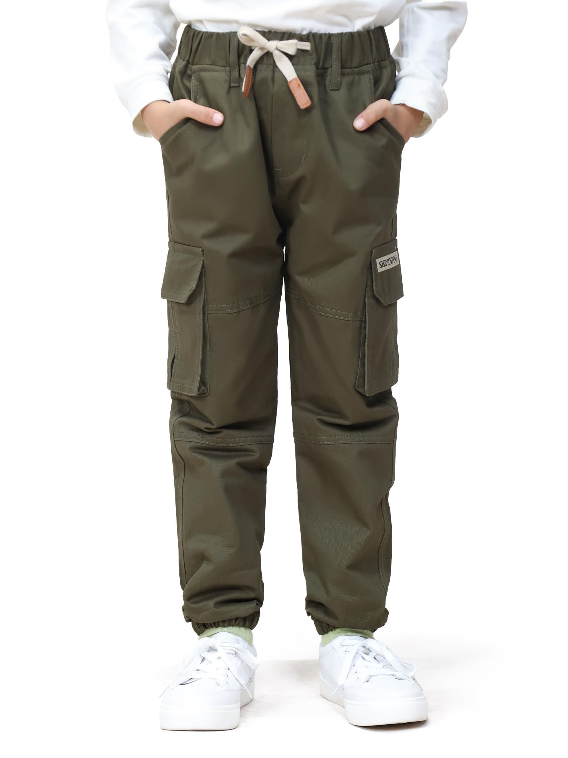 Boys Cargo Trousers Elastic Waist Jogger Pants with Multi Pockets - Army Green 9-10 Years