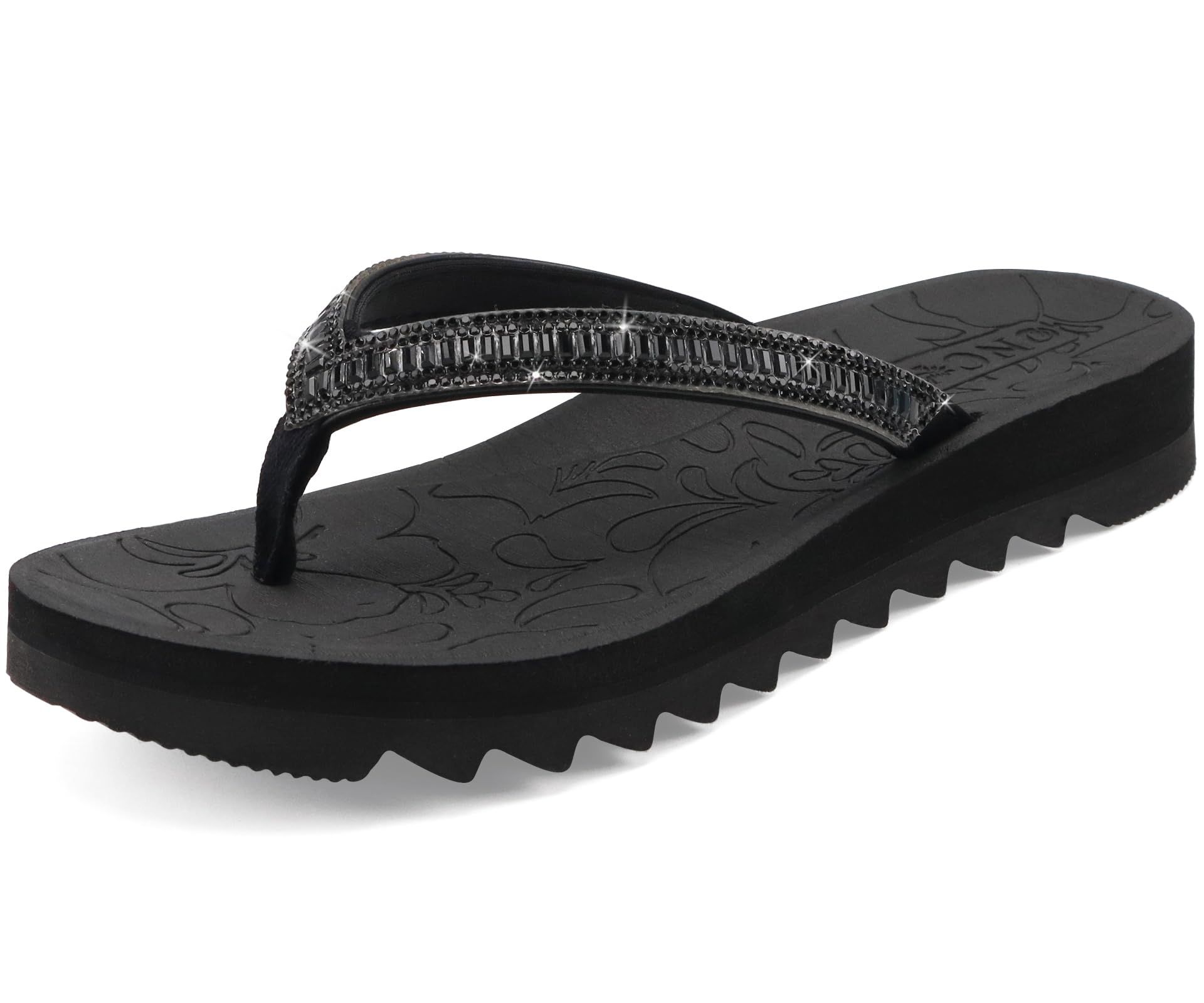 Women's Flip Flops Rhinestone Thong Sandals with Arch Support, Yoga Mat Comfort Sole, Non-Slip for Summer - Black UK 7
