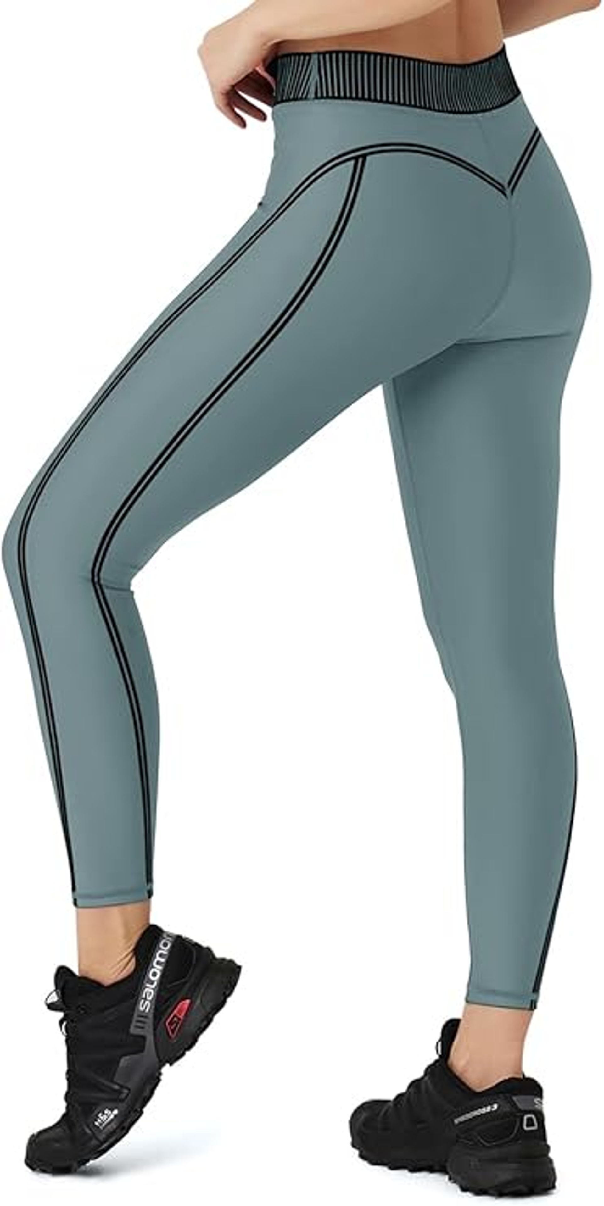 Ladies High Waist Yoga Pants with Heart Shape Fit, 7/8 Length Workout Leggings - Greyish Green, Size M