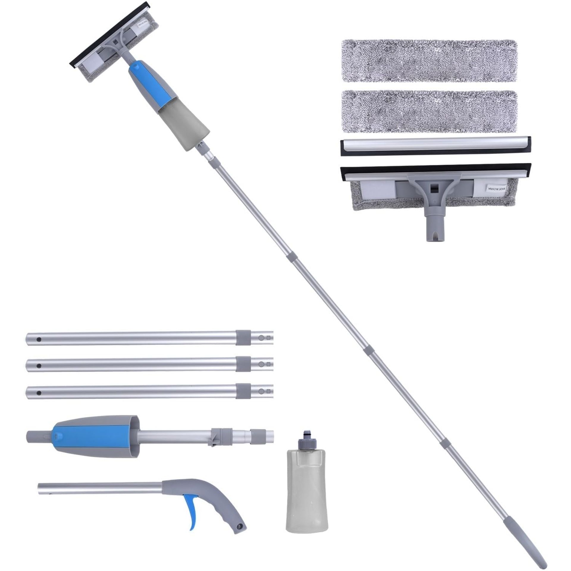Window Squeegee Cleaner Tool with Spray 3-in-1 Telescopic Extension Wiper for Indoor & Outdoor Glass - Grey BSX-HM030-BU